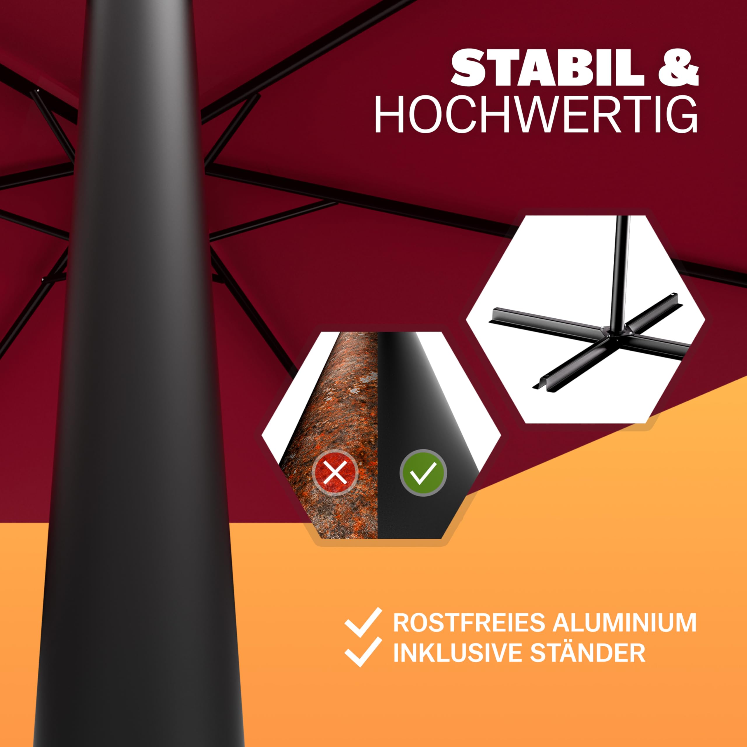 Kingsleeve® Sonnenschirm UV Schutz 80+ Ø 300 cm Groß mit Ständer Schutzhülle Windsicherung Windfest Neigbar Rund Kurbel Garten Balkon Ampelschirm Rot