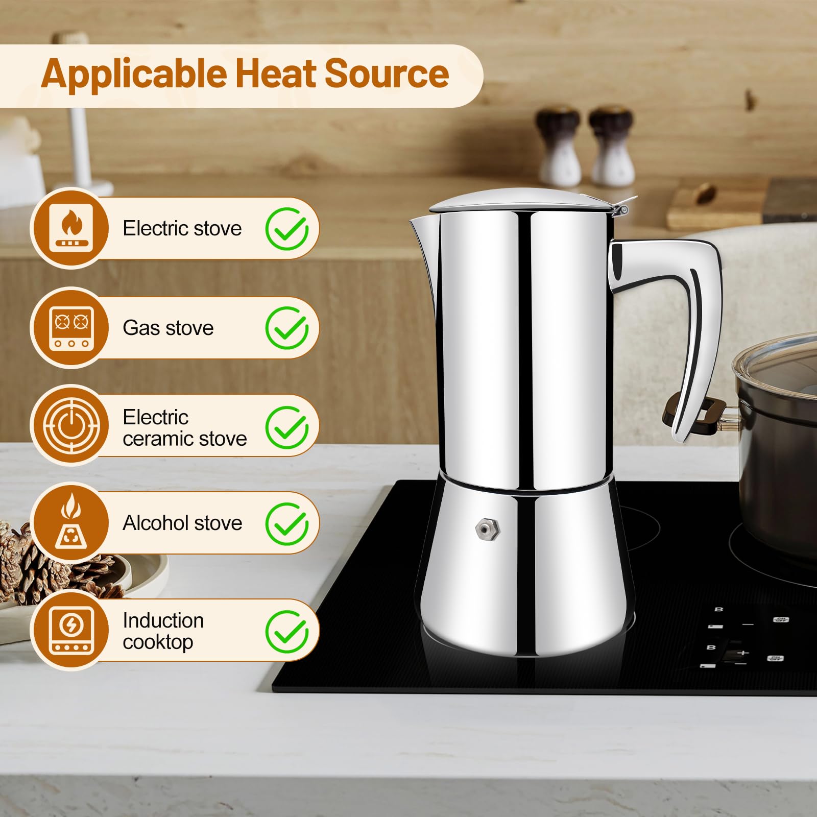 Olla Moka de acero inoxidable 304 grueso para 4 tazas, cafetera italiana de 200 ml, apta para estufas de inducción de gas, elegante, cafetera percoladora, cafetera