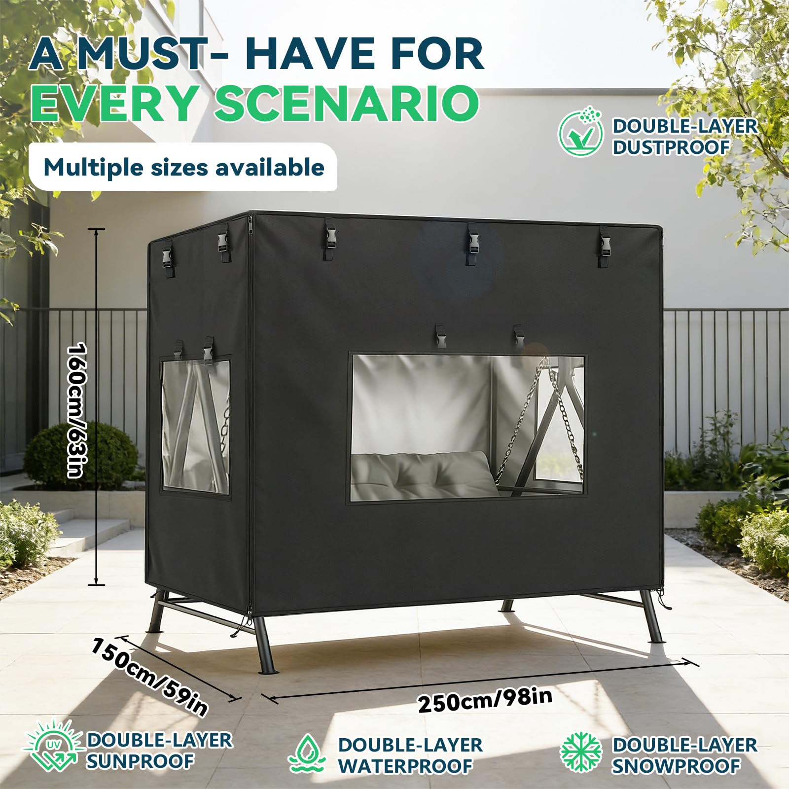 Funda Protectora Exterior para Silla Colgante de Jardín 3 Plazas, Funda-Balancín Jardín-Fundas Columpio jardíns Exterior Cubierta de Columpio de Tela Oxford 420D con 4 Cremalleras (250*150*160CM)