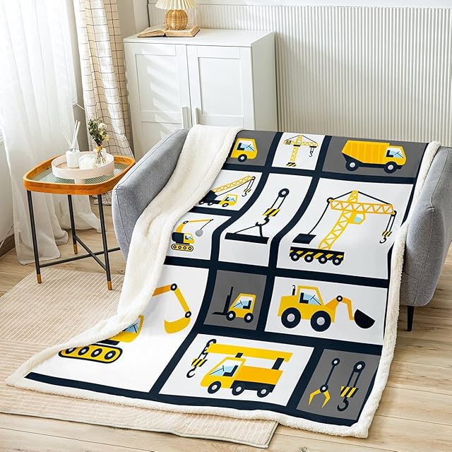 Boys Construction Fleece Throw Blanket Kids Cartoon Machinery Truck Sherpa Blanket For Bed Sofa Children Construction Site Car Vehicle Decor Plush Blanket Soft Cozy Fuzzy Blanket Baby 30x40 Inch