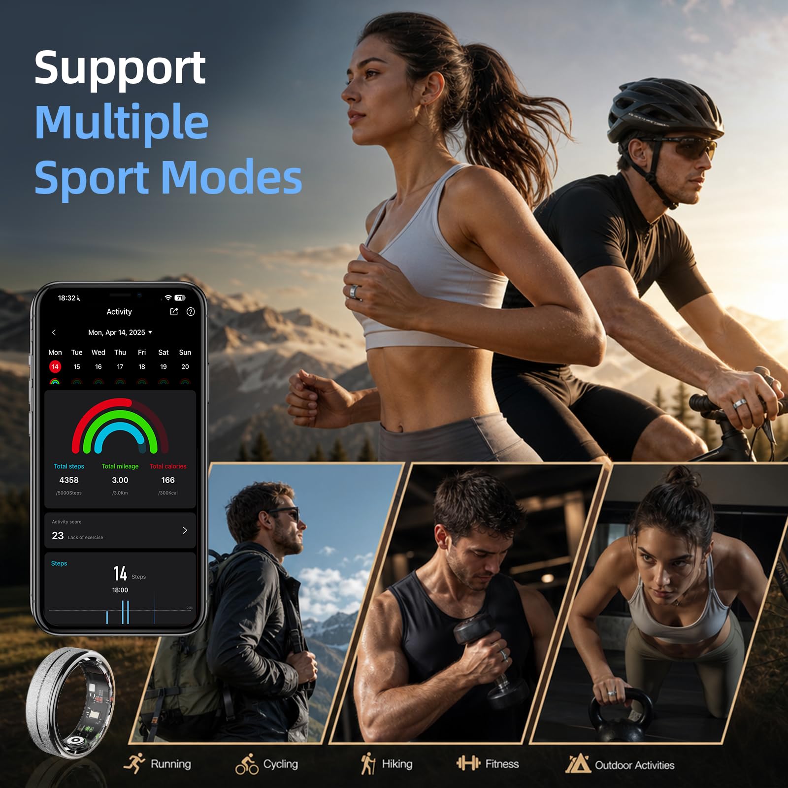 Smart Ring Bracelet de suivi de santé pour homme et femme, sommeil, fréquence cardiaque, stress, oxygène dans le sang, modes sportifs, température de la peau, anneau de fitness étanche 5 ATM