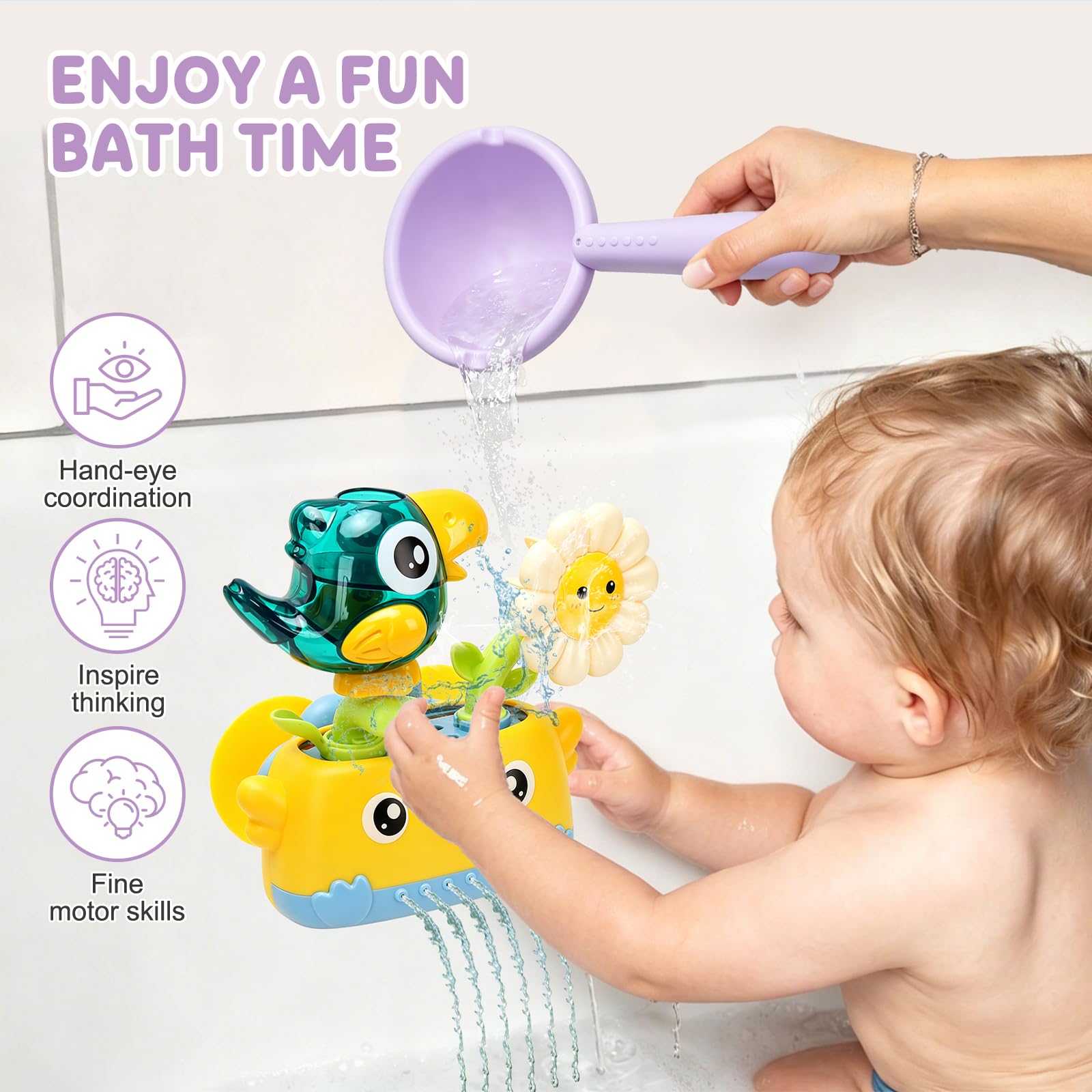Bath Toys for Kids Baby Waterwheel Bathtub Toy , Manual Bird & Flower Waterfall Shower Toy for Kids, Interactive Bathtub Toy with Suction Cup, Shower Fun for Bath Time - Great for Boys, Girls — view 3