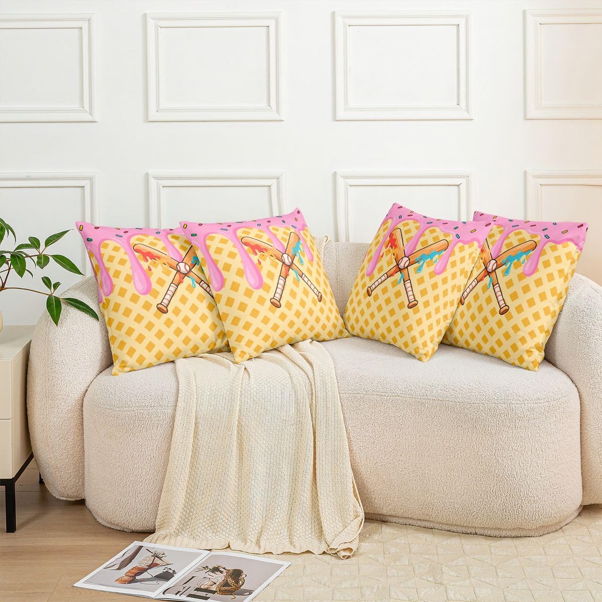 Castle Fairy Baseball Sports Throw Pillow Cover Ice Cream Waffle Cushion Case Ball Gaming Funny Pillow Cover for Living Room,Yellow Soft Pillowcases,16x16 Inches image 5