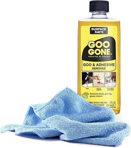 Black Swan Distributors - Removedor de adhesivo Goo-Gone (8 onzas) y paño de limpieza de microfibra lavable (15 x 15 pulgadas), adhesivo seguro para