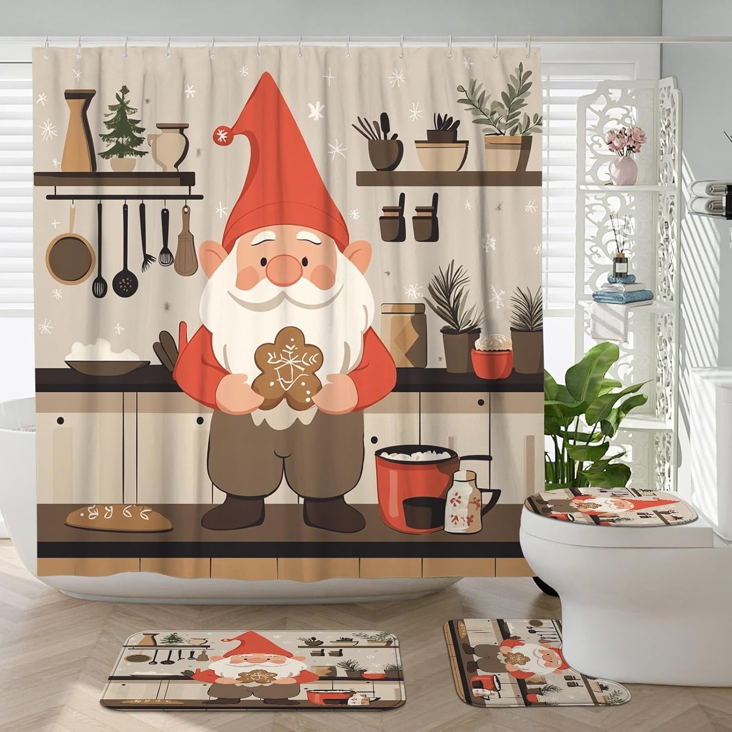 4PCS Farmhouse Christmas Gnome Bathroom Sets with Non-Slip Rug, U Shape Toilet Lid Cover Mat, Fun Vintage Country Xmas Bathroom Decoration 72''x72''