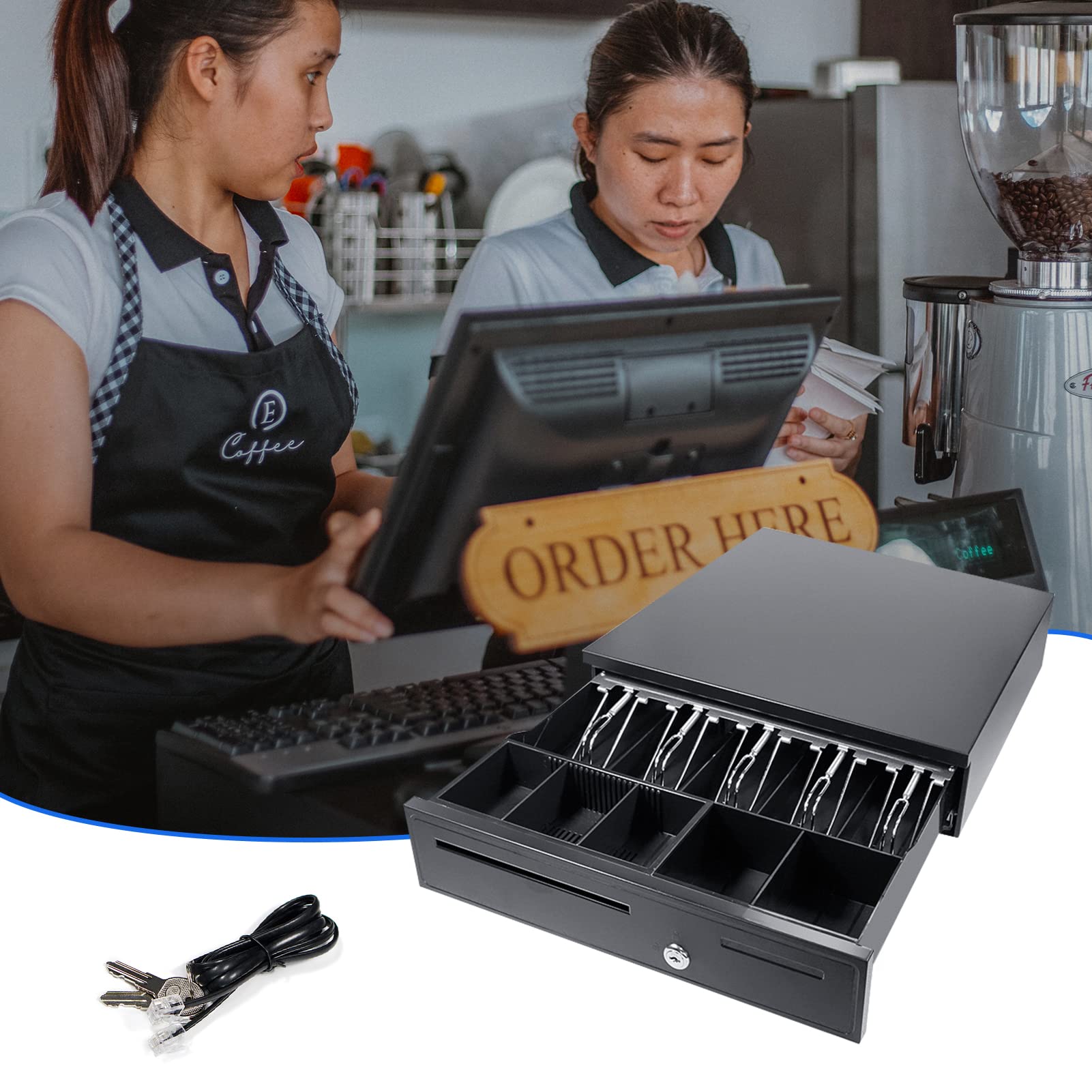 Cajón de efectivo POS con interfaz RJ11 5 bandejas para billetes y 5 monedas - Caja registradora con cerradura compatible con impresoras de recibos - Construcción de acero