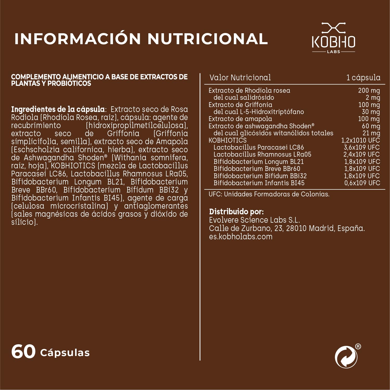 KobhoCALM Ashwagandha Shoden® Con Rhodiola y Psicobióticos | Equilibrio Emocional, Apoyo al Estrés, Claridad Mental y Concentración, 60 cápsulas veganas