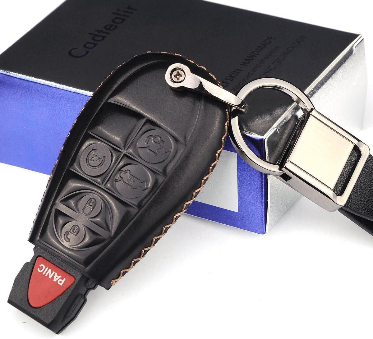 Cadtealir Genuine Leather Key fob Cover case Holder for Jeep Grand Cherokee Commander Dodge Durango Dart Charger Journey Challenger Grand Magnum Ram Truck Chrysler 200 300