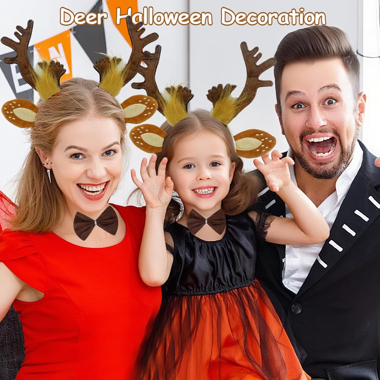 Reindeer Antlers Headband for Girls/Boy World Book Day, Include Adjustable Deer Ears Antlers Headband, Bow Tie, Dear Face Sticker Halloween Holiday Christmas Party Cosplay Family Photos Kids Costume