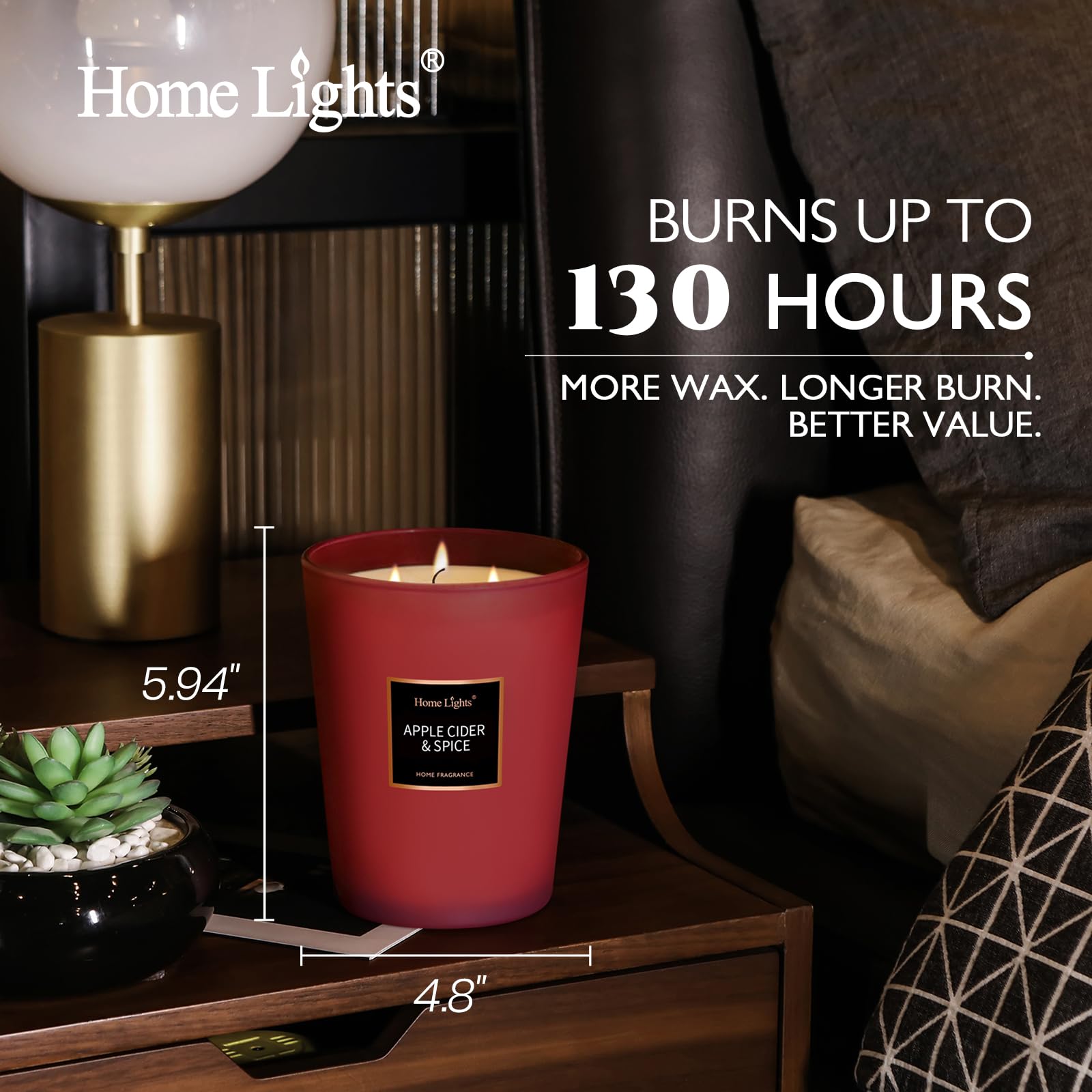 HomeLights - Candele di soia altamente profumate per la casa, 3 stoppini in cotone, senza fumo di lunga durata 70 ore in sidro di mele e spezie, 5 x 6, ottimo regalo per donne e uomini