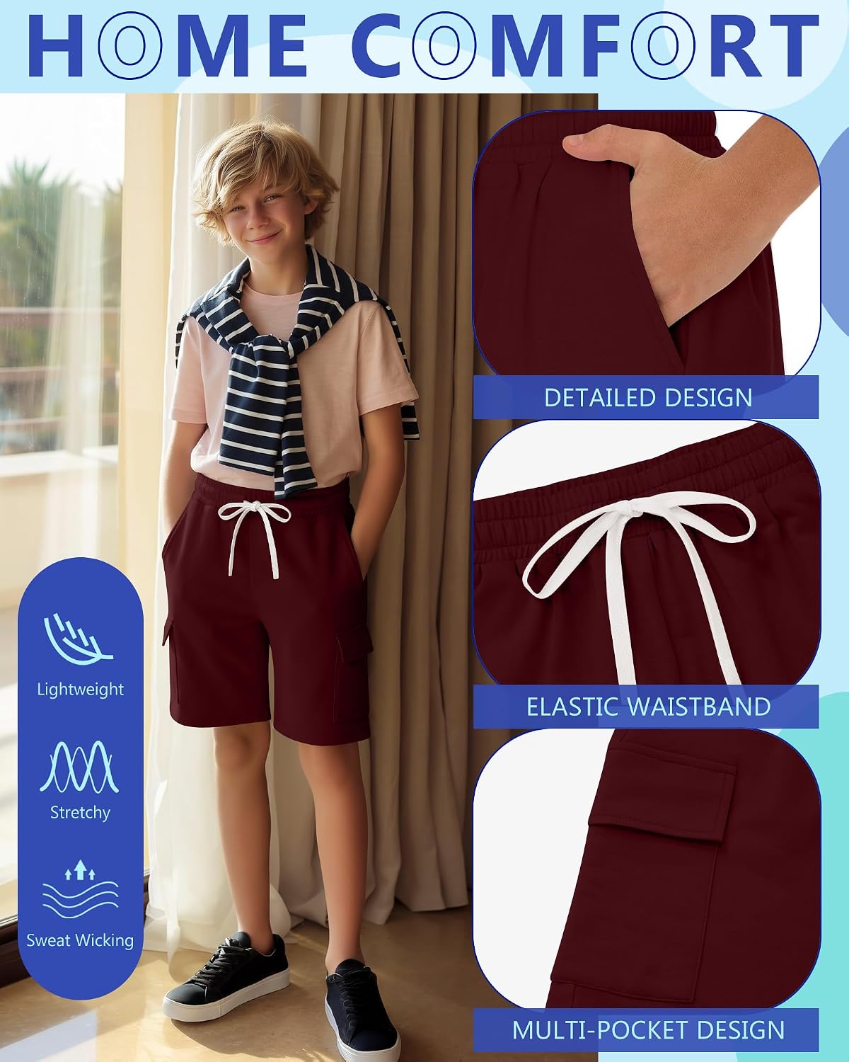 Halfchet 3 Pack Boys' Cargo Shorts with Pockets | Tween School Drawstring Sweat Shorts, Kids Pull on Athletic Scout Pants, Summer Lightweight Clothes, for 6-14 Years
