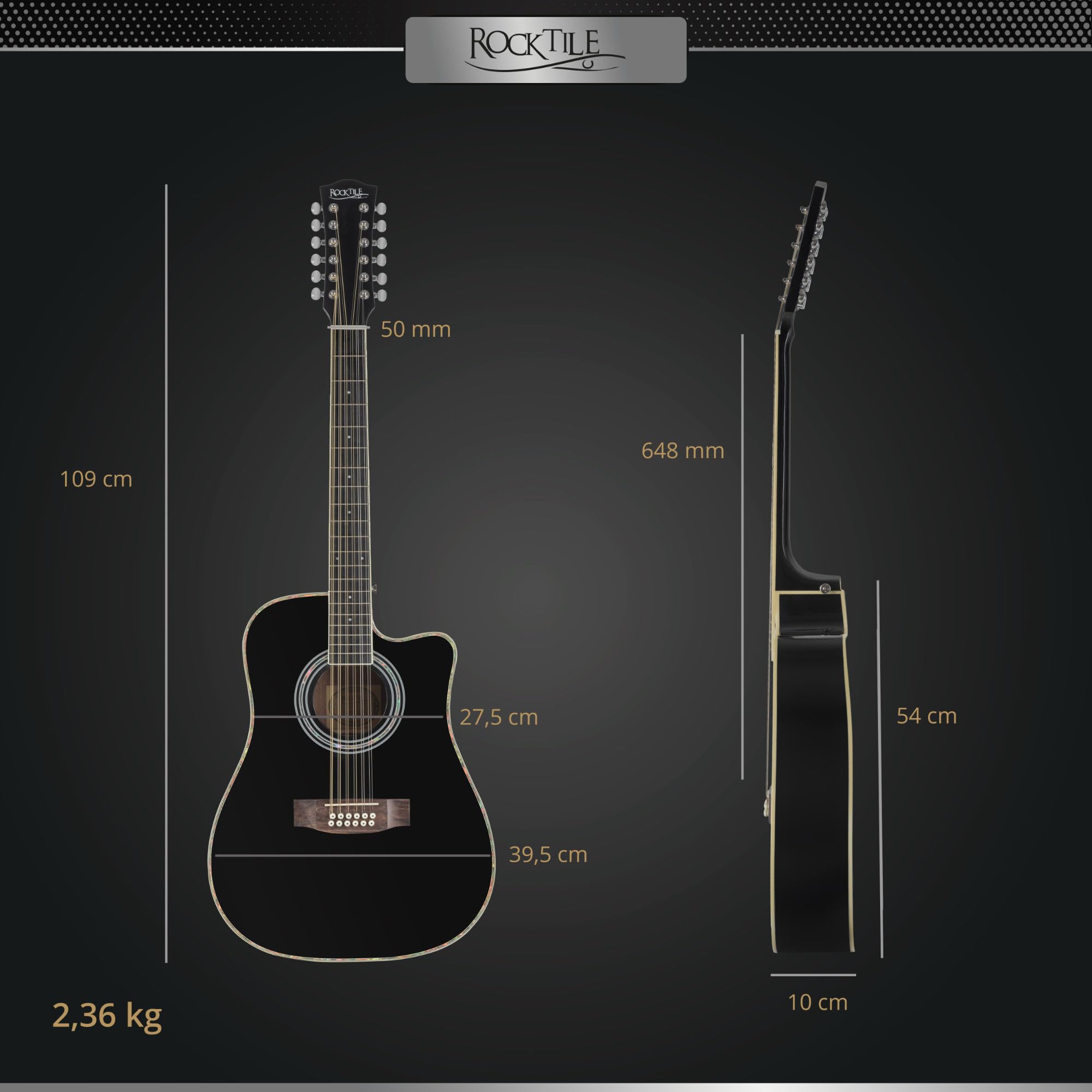 Rocktile WSD12-50C-BK Chitarra Western Nera, Allgemein, Peso: 2, 36 kg | Modell: WSD12-50C-BK, 36 kg, Numero di corde: 12, Orientamento: Destrimano, Korpus, Forma corpo: Dreadnought con Cutaway