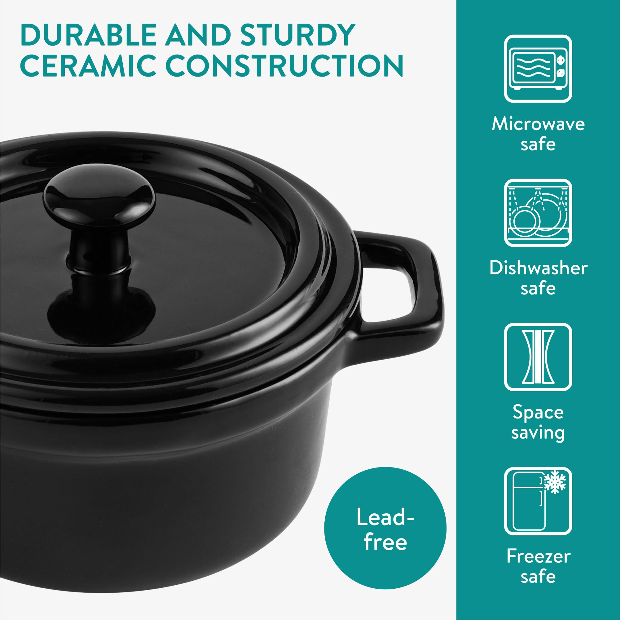 Navaris Mini Cazuelas de Cocina - 4x Cacerola Horno con Tapa de Cerámica - Cazuelitas Individuales 14 x 11 x 7 cm - Cacerolas para Lasagna Postres Sopas - 4x Cazuela Cocotte Negra