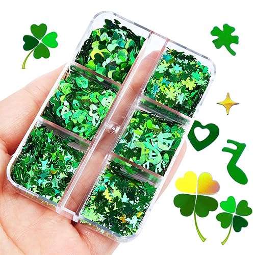 Miniatura 6 de Calcomanías holográficas de trébol verde con lentejuelas para el día de San Patricio, diseño de hoja de corazón, lentejuelas, confeti, copos de uñas