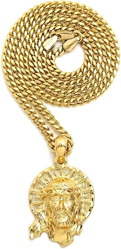 Fashion 21 Halo Jesus Face - Colgante de 24 pulgadas, caja, cuerda, collar de cadena cubana en tono dorado