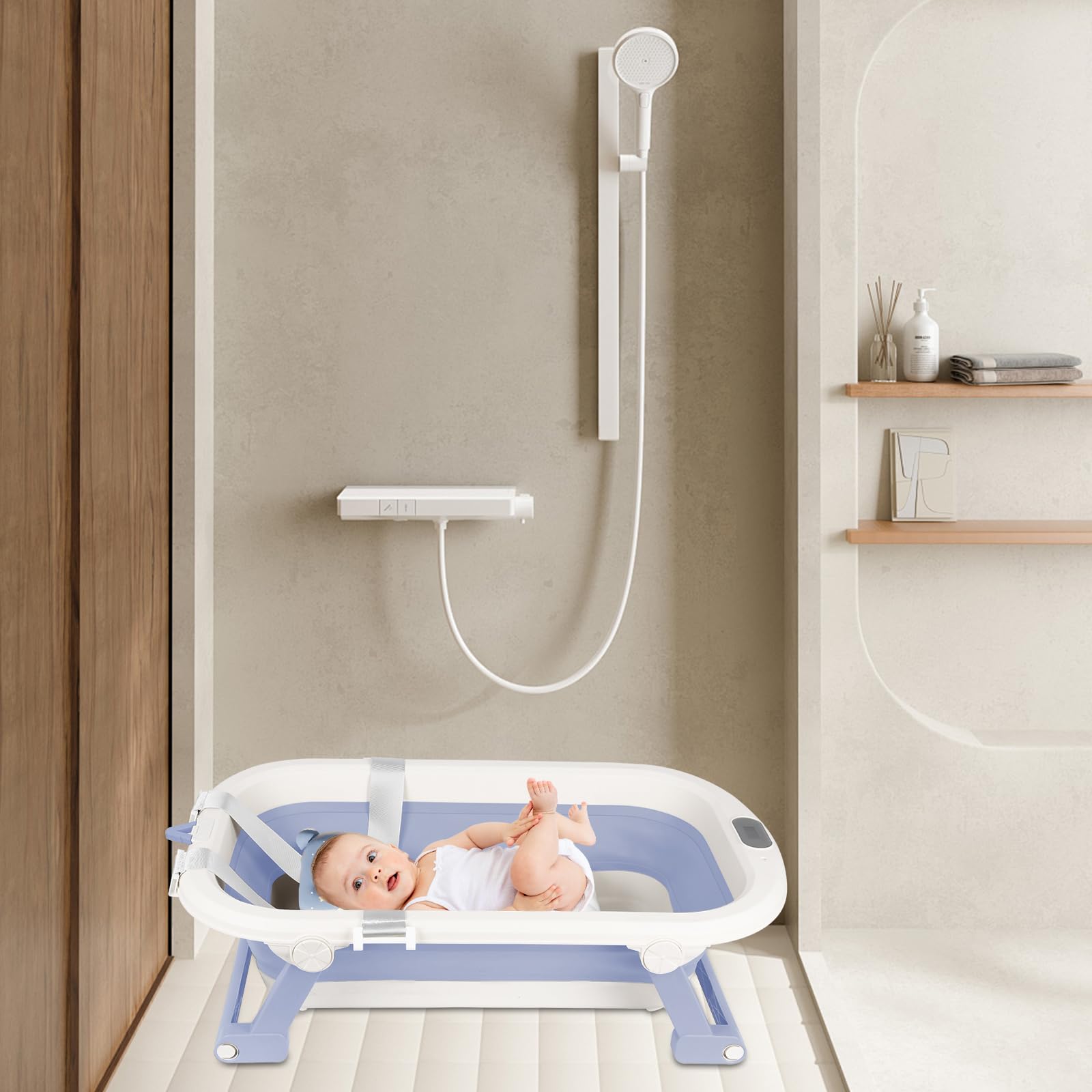 Vasca da bagno pieghevole per bambini, con tappetino da bagno e termometro integrato, compatta e portatile, ergonomica e salvaspazio, sicurezza e comfort, appositamente progettata per i neonati (blu)