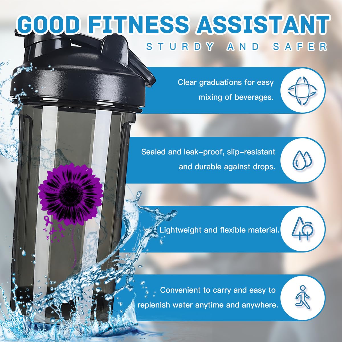 Pancreatic Cancer Awareness 18 Ounce Shaker Bottle Drink Mixer Leak-proof Pre Workout Protein Shakes Meal Replacement Shakes Bottles 500ML/18 Oz Black&-1&-1-1