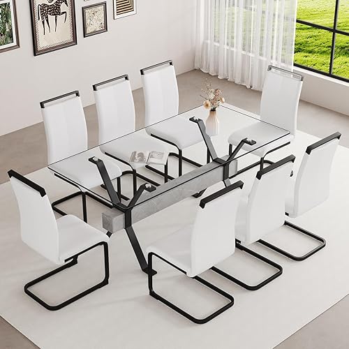 Miniatura 26 de Juego de mesa de comedor de cristal de 71 pulgadas para 6 personas | Juego de mesa de comedor moderno para 6 con sillas de piel sintética | Mesa de