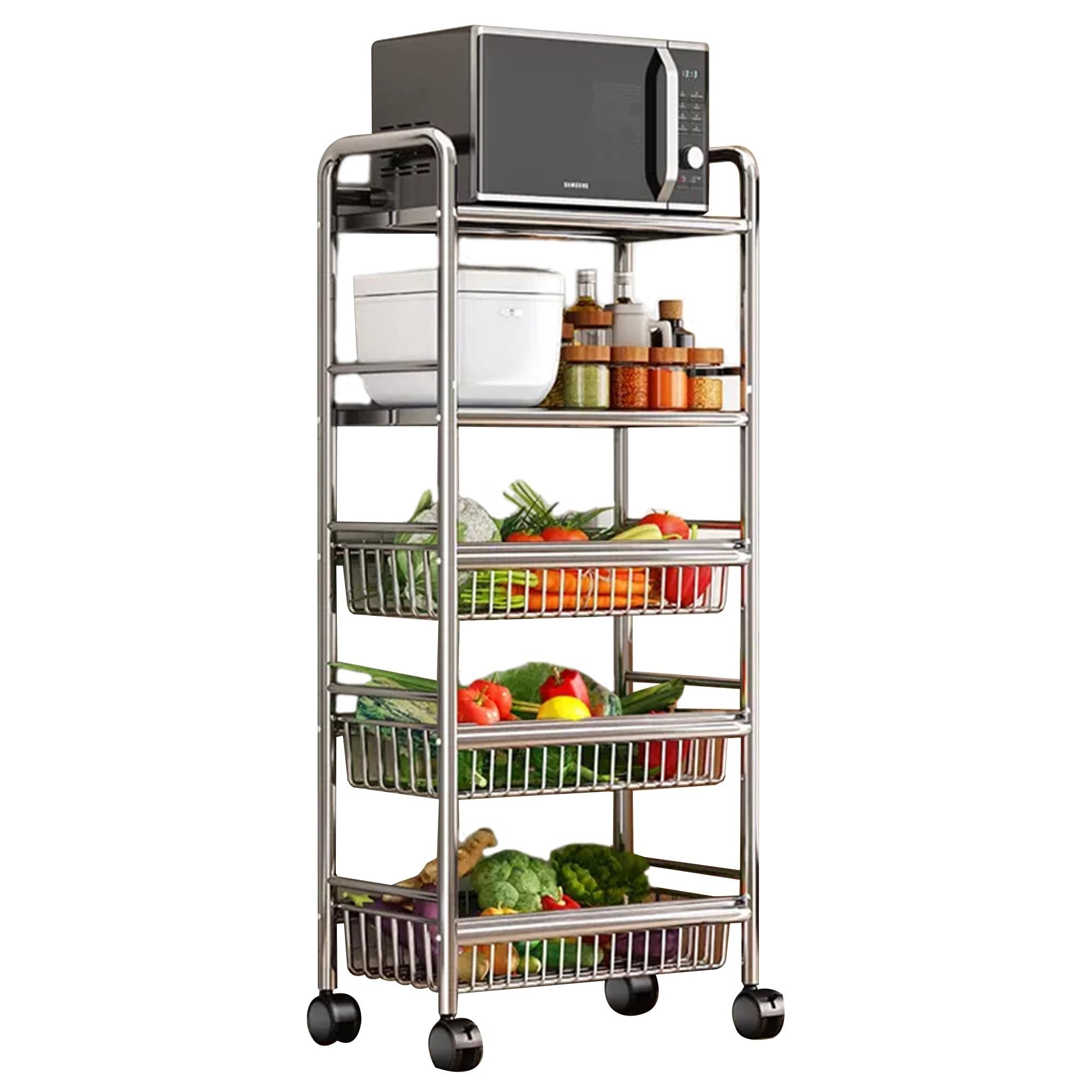 Stainless Steel 304 Kitchen Cart with Wheels Multi-Functional Rolling Utility Trolley Mesh Basket &amp; Pantry Shelf for Fruits Vegetables Onions &amp; Potatoes Storage,B-49 * 32 * 125cm
