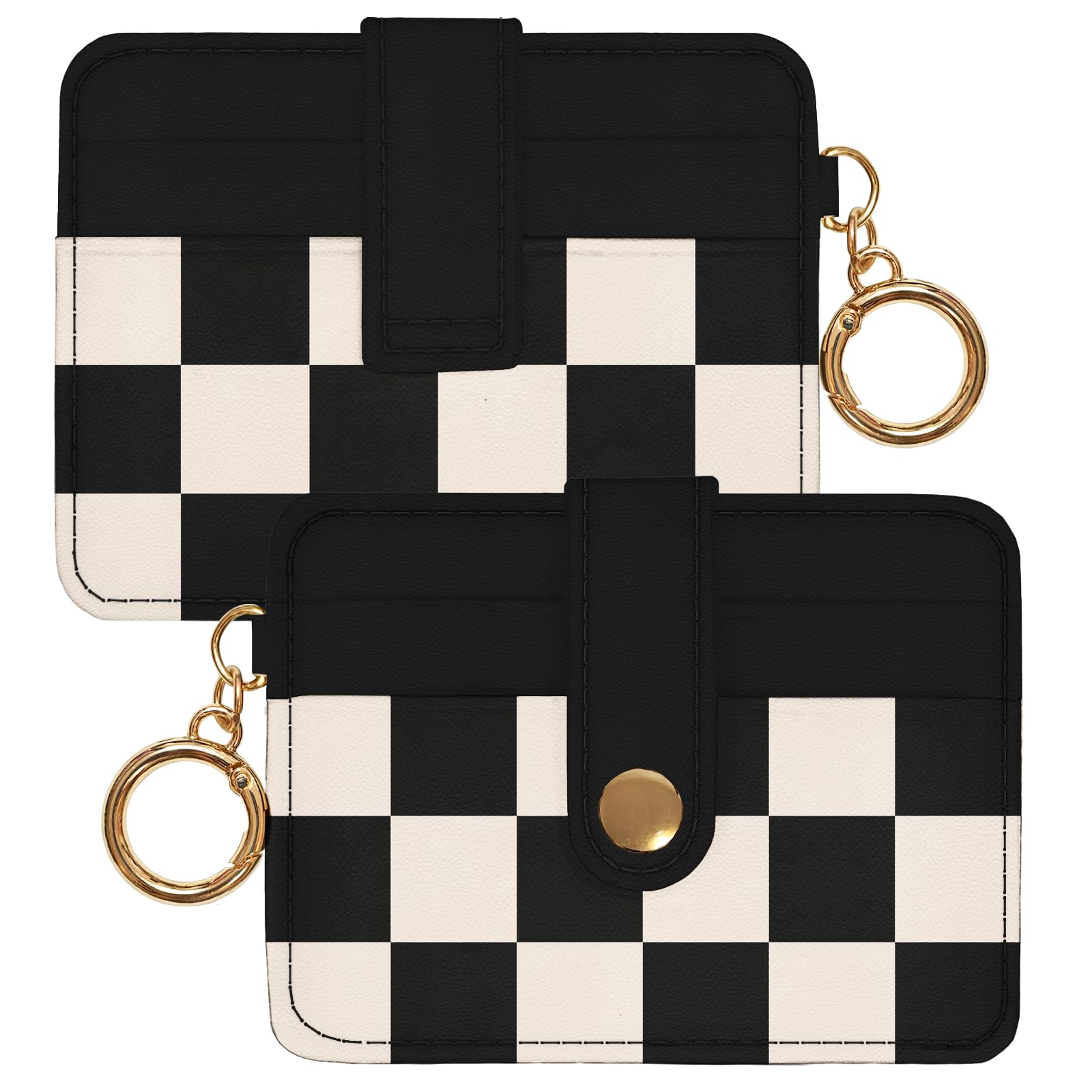 WRIGAEL Slim Wallet for Women Ladies Teen Girls Female Credit Card Holder Cute Aesthetic Unique Modern RFID Checkered Cardholder Keychain, Black Black