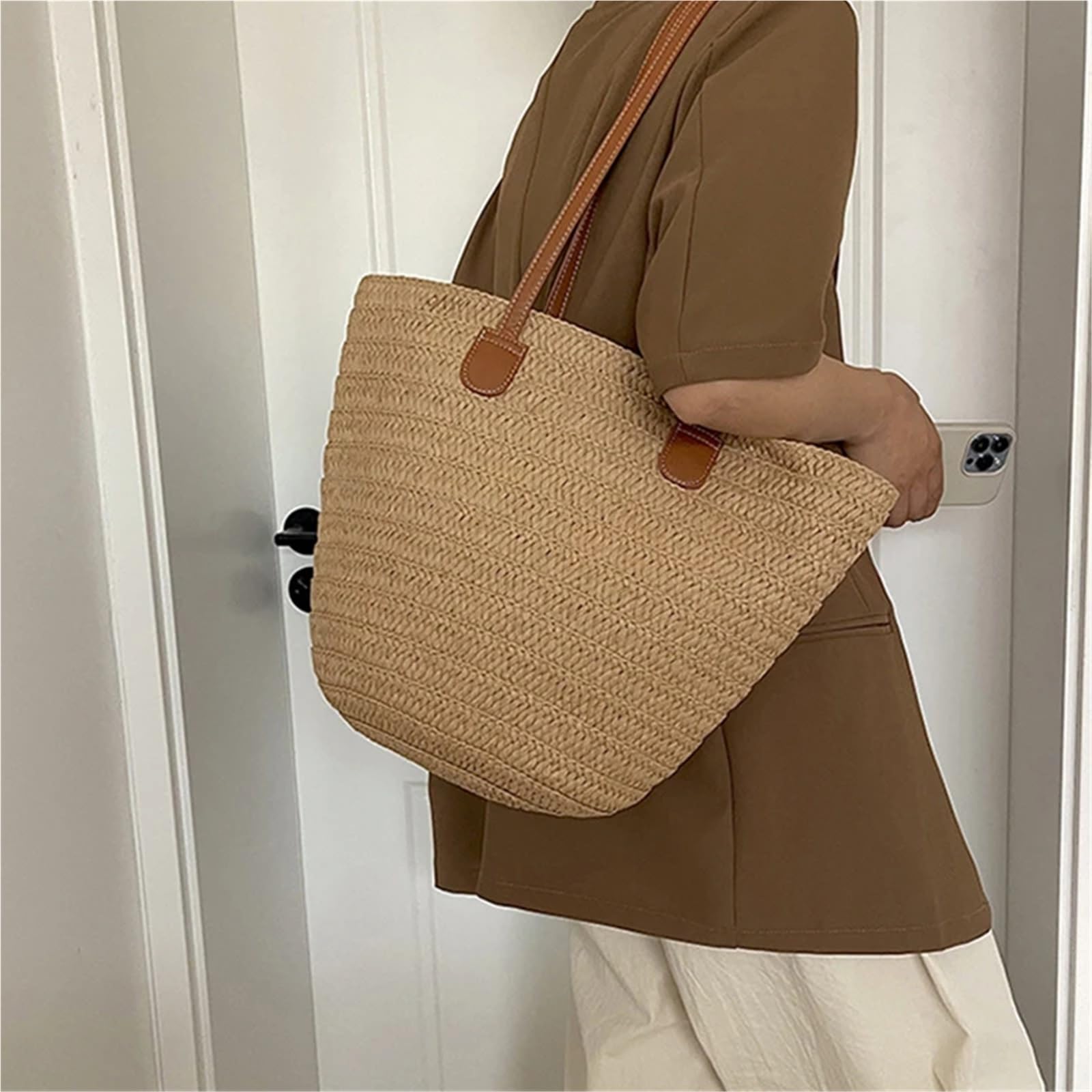 Bolso de Hombro de Paja Bolsos de mano cesta trenzada for mujer, bolso con asa superior, bolsos playa verano portátiles paja grande