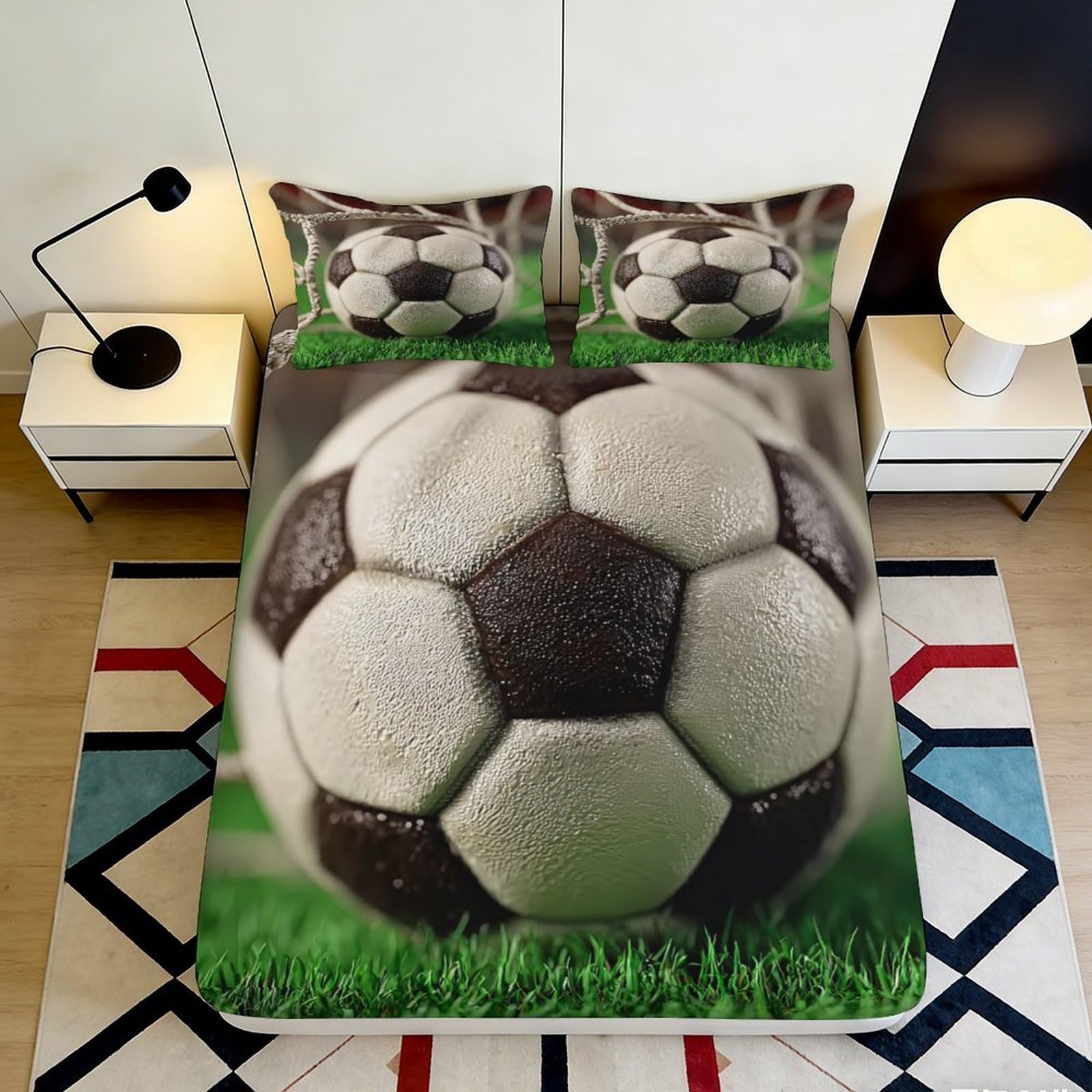 3D Printed Soccer Ball Fitted Sheet Microfiber Breathable Sports Field Bed Cover for Bedroom Guest Room Decor 120x200x25cm