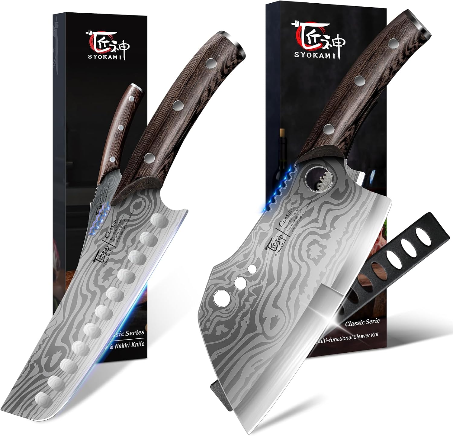 SYOKAMI Nakiri Chef Knife 7.2 Inch+Meat Cleaver Chef Knife 7.7 Inch