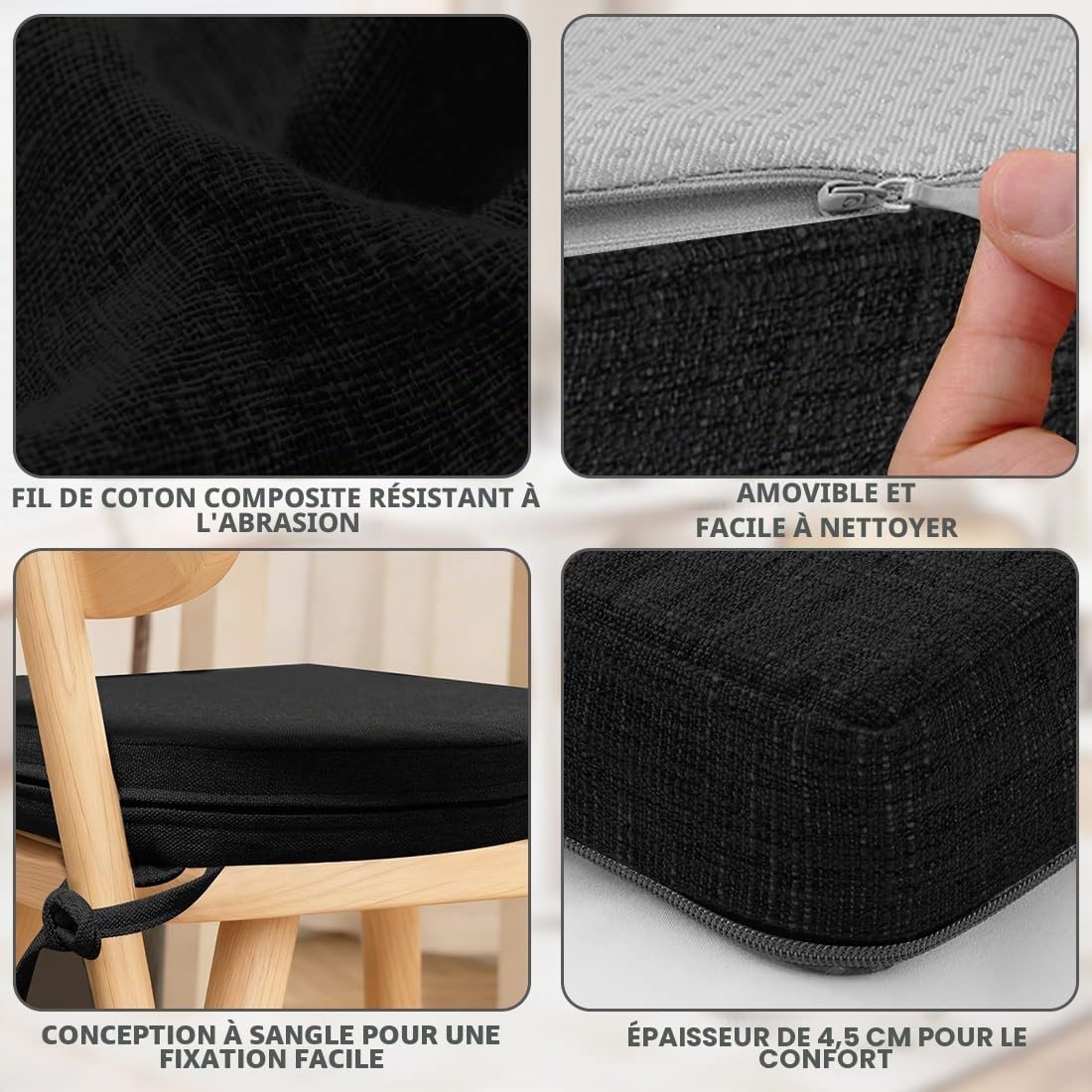 Lot de 2 coussins de chaise - 43 x 42 x 5 cm - En mousse haute densité - Coussin d'assise confortable pour l'intérieur et l'extérieur - Pour jardin, balcon, salle à manger, salon - Noir