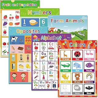 Lachilly Alphabet, Numbers, Colors, Fruits & Vegetables, Farm Animals, Opposites Educational Posters for Toddlers, Kids Learning Chart Materials, Classroom Wall Decoration, 6Pcs