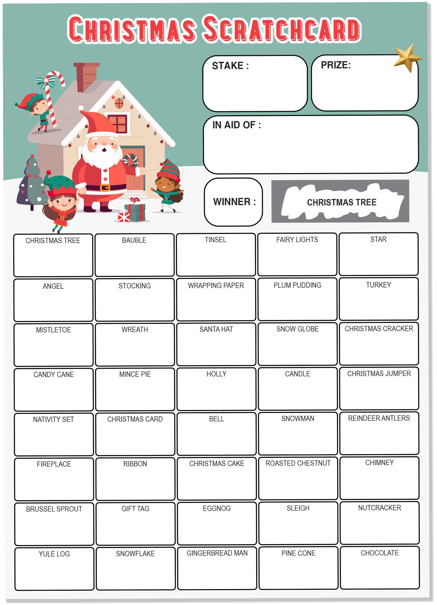 10 x Christmas Fundraiser Cards - A5 Size - 40 Squares and Scratch Off Winner for Fundraising