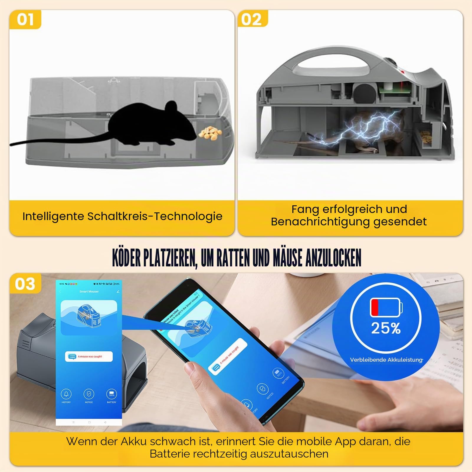 Rattenfalle Elektrisch, Elektrische Mausefalle mit 6000V Hochspannung, Smart-Fernwarnung und Überwachung, Wiederverwendbar, Wirksam für Ratten & Mäuse, Kompatibel mit IOS & Android