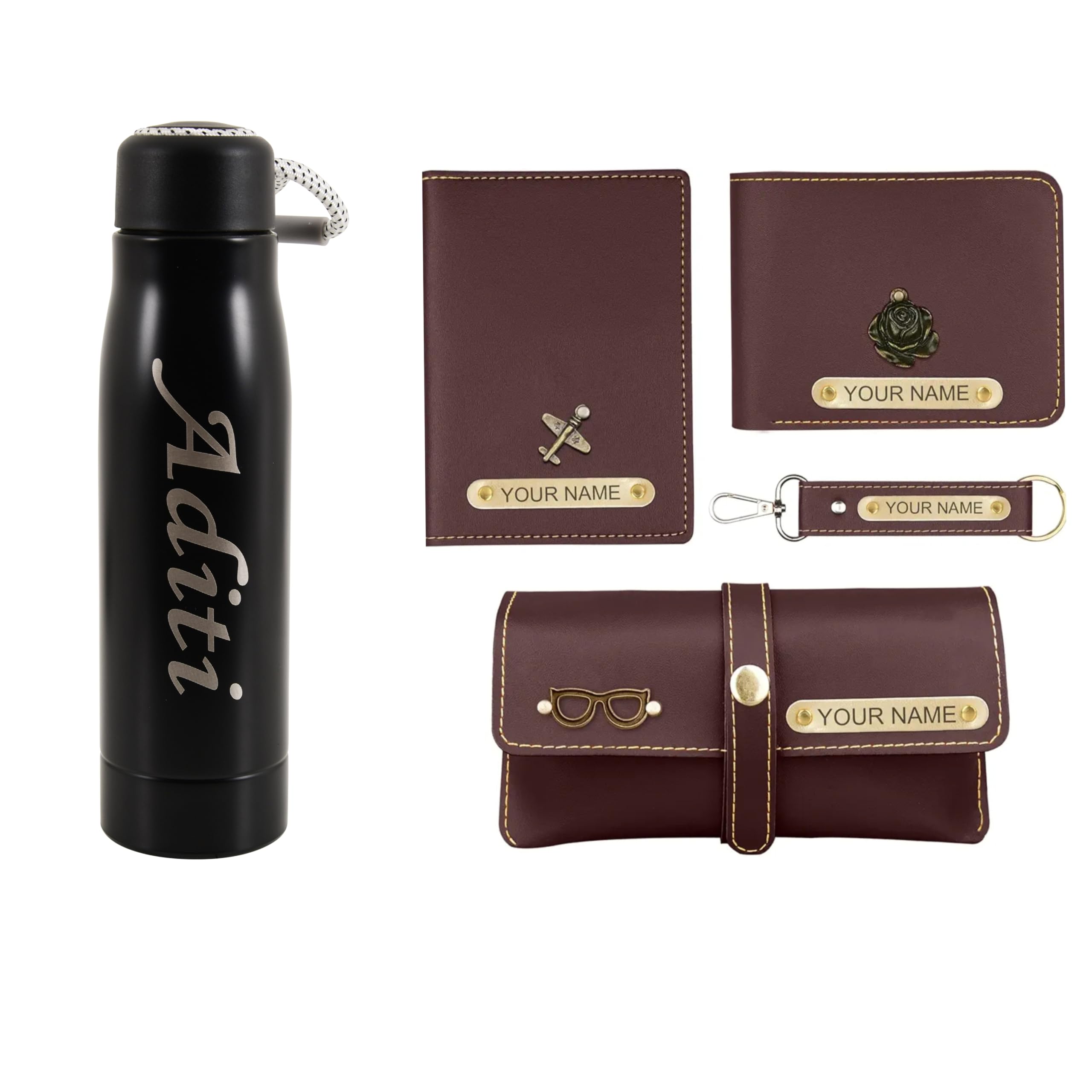riwyan Personalized Engraved Gift Set | Customized Wallet, Passport Holder, Sunglass Cover, Bottle & Keychain | Perfect for Birthday, Anniversary & Office Gifts (Brown)-picture-47