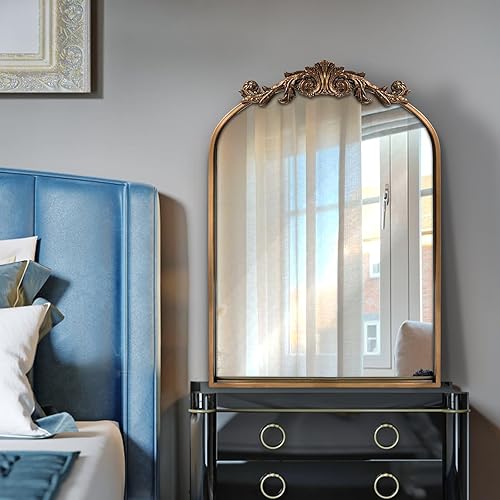 Miniatura 7 de WAMIRRO Espejo antiguo, espejo barroco adornado vintage tradicional dorado, espejo de latón arqueado, espejos montados en la pared para entrada,