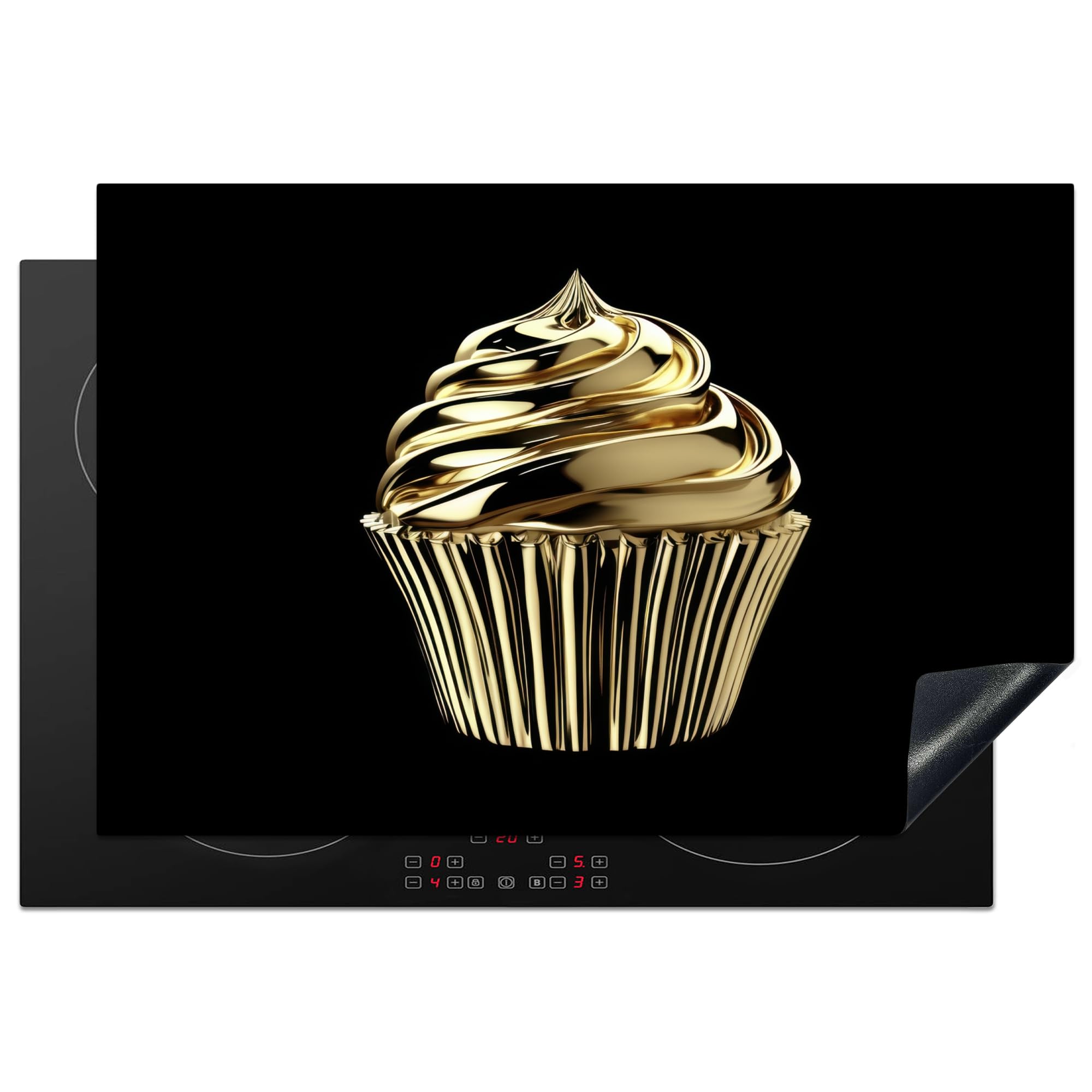 KitchenYeah© Induction Hob Protector Mat 20.1"x30.3" / 77x51 cm Cooker Top Protectors Cover Ceramic Covers Electric Hobs Vinyl Cupcake - Food - Gold - Black
