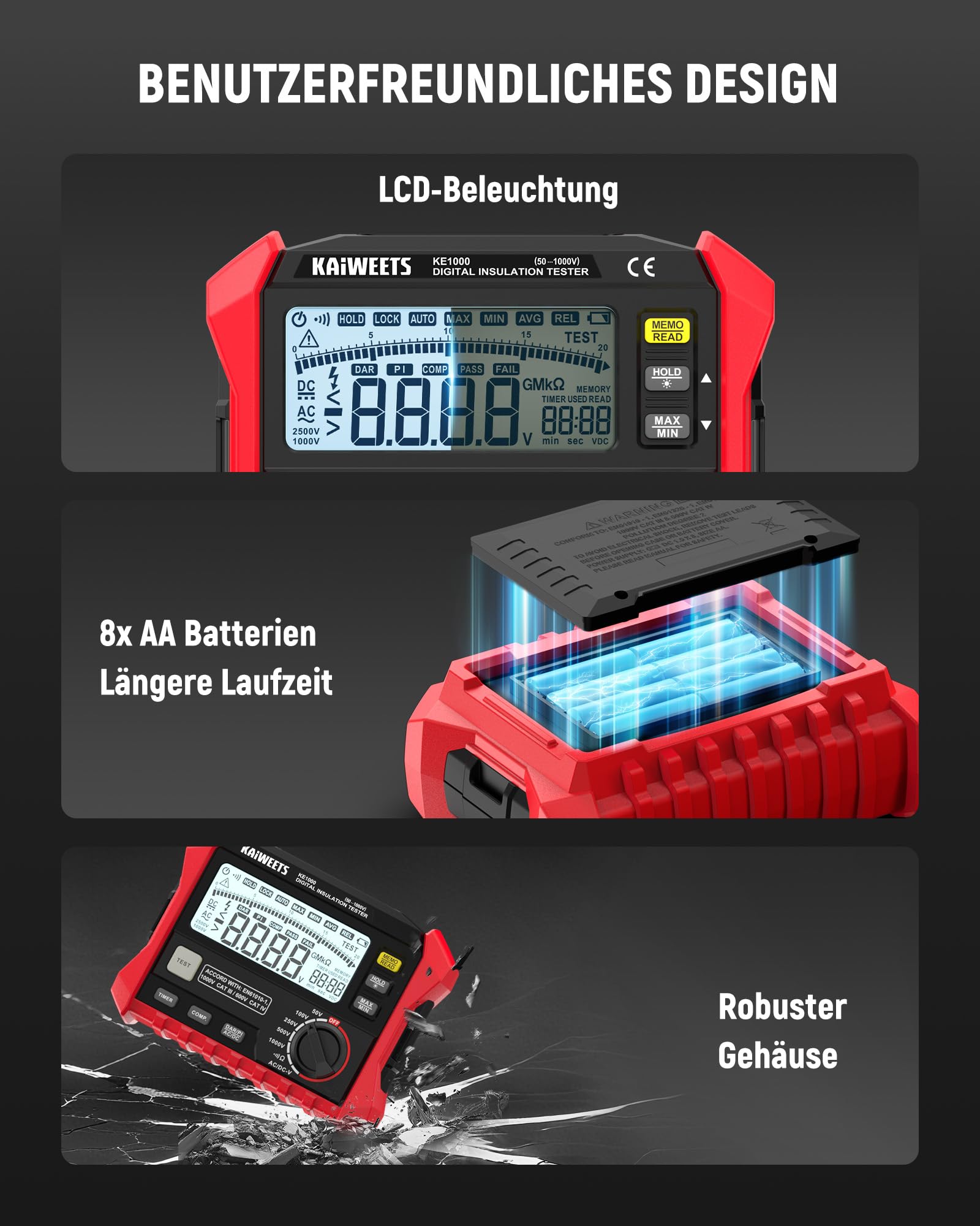 KAIWEETS Isolationsmessgerät, Isolationswiderstandsmessgerät, bis zu 100 GΩ, 50 V/100 V/250 V/500 V/1000 V, One-Touch-DAR/PI, mit AC/DC-Spannungsprüfung für Motoren, Solar, HLK