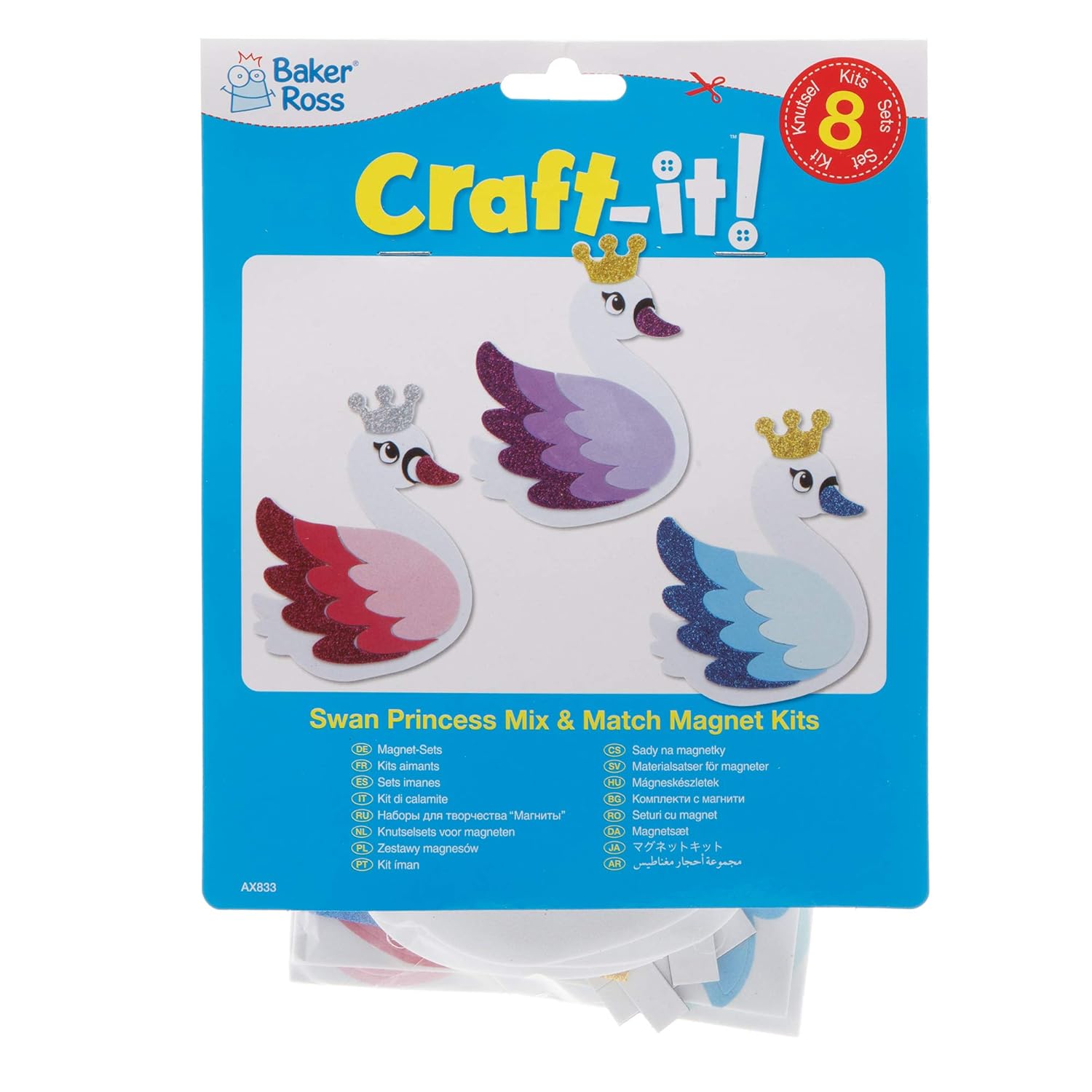 Baker Ross AX833 Swan Princess Fridge Magnet Kits - Pack of 8, Make Your Own Fridge Magnets, Art Kits for Children's Creativity, Small Gifts or Home Crafts