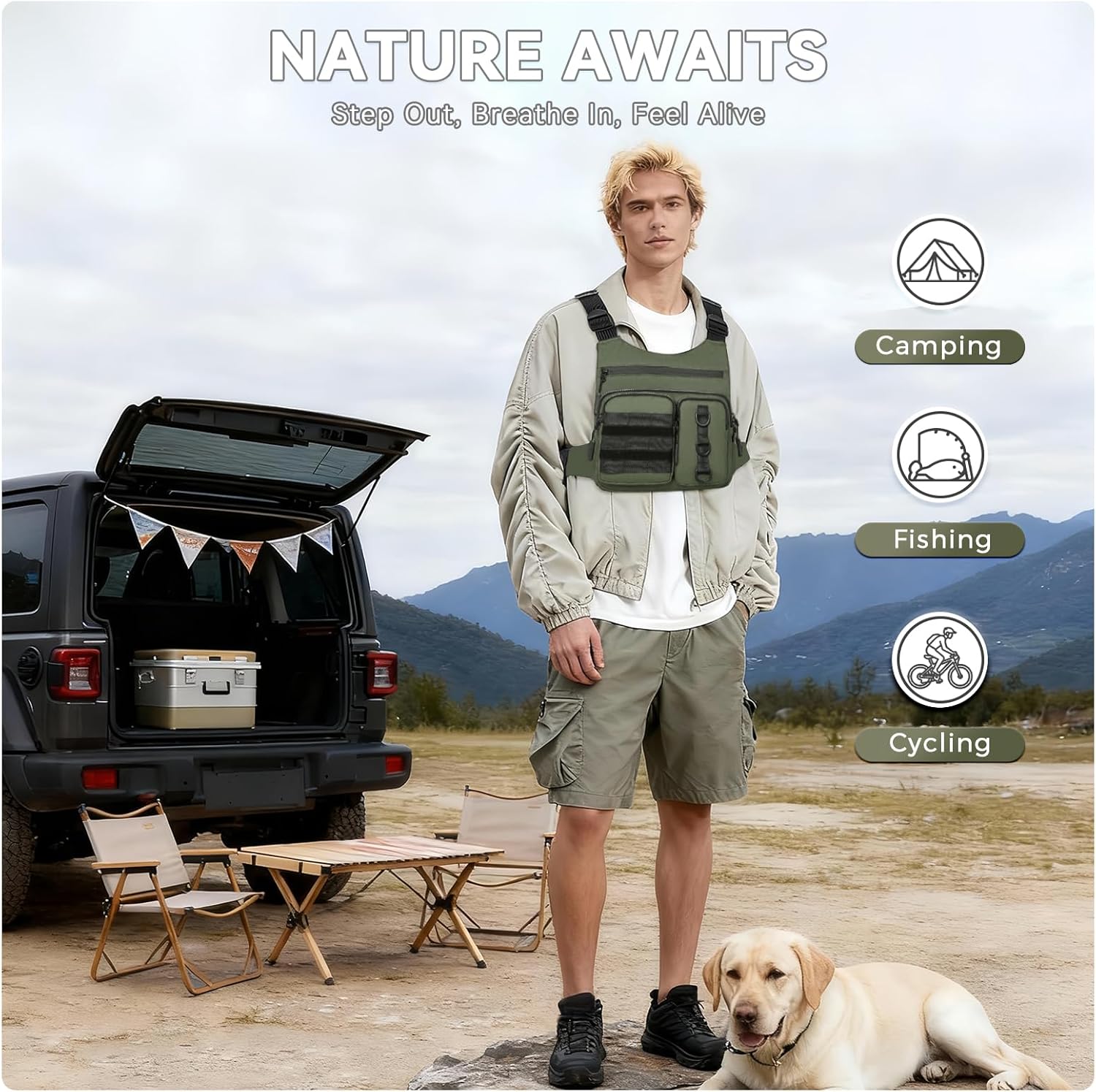 Criuage Outdoor Chest Bag for Men, Lightweight Running Vest with Water Bottle Pocket, EDC Chest Pack for Hiking, Cycling