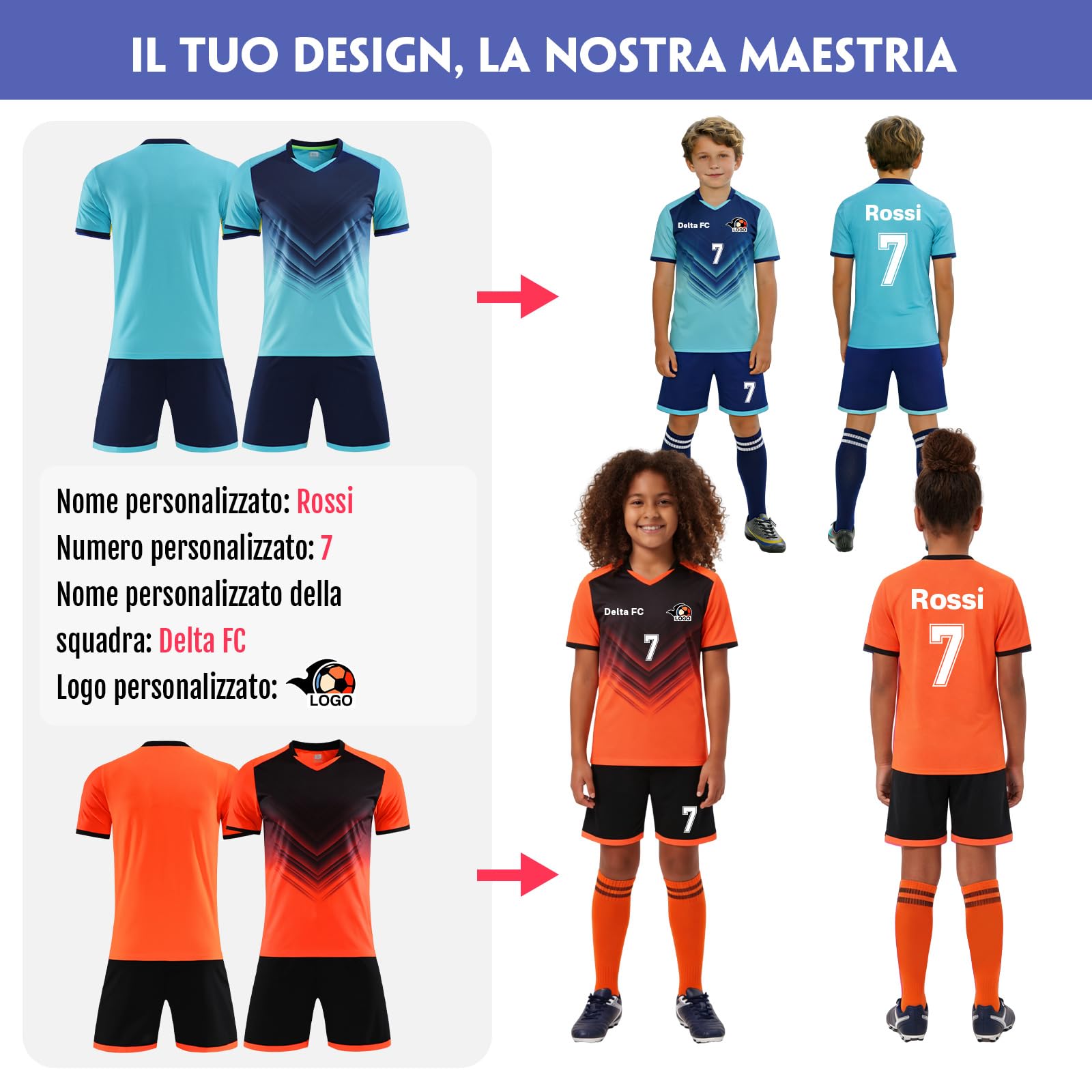 LAIFU Maglia Calcio Personalizzabile con Nome Numero Logo Maglia da Calcio A Manica Corta Pantaloncini da Calcio e Calzini da Calcio Donna Bambini Giovani Adulto