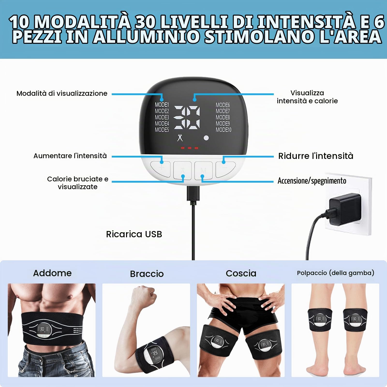 Elettrostimolatore Addominali, Elettrostimolatore Muscolare in Aluminio con 10 modalità e 30 intensità, per Addominale/Braccio/Gambe/Waist, Avvisi sul Consumo di Calorie e sulla Ricarica