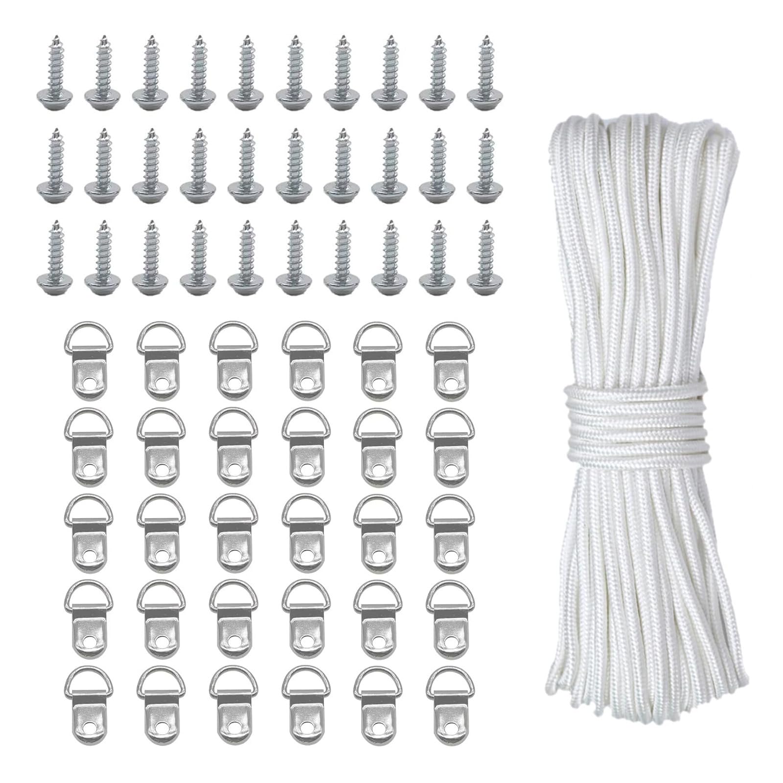 30 PCS D Rings for Picture Hanging String, 30 PCS Silver Screws, 20m Polyester Polypropylene Picture Hanging Cord, Adjustable Frame Hanger Kit for Multi-Faceted Photos, Mirrors, and Artworks