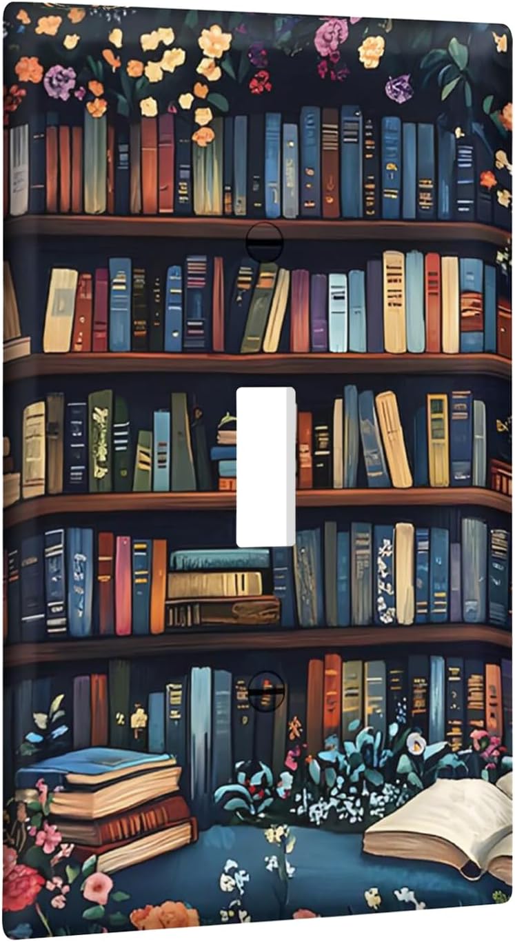 Vintage Printed Bookshelf Library Books Light Switch Covers Decorative Single Toggle Electrical Outlet Covers Home Decor 1 Gang Wall Plate Covers for Bedroom Bathroom Decor
