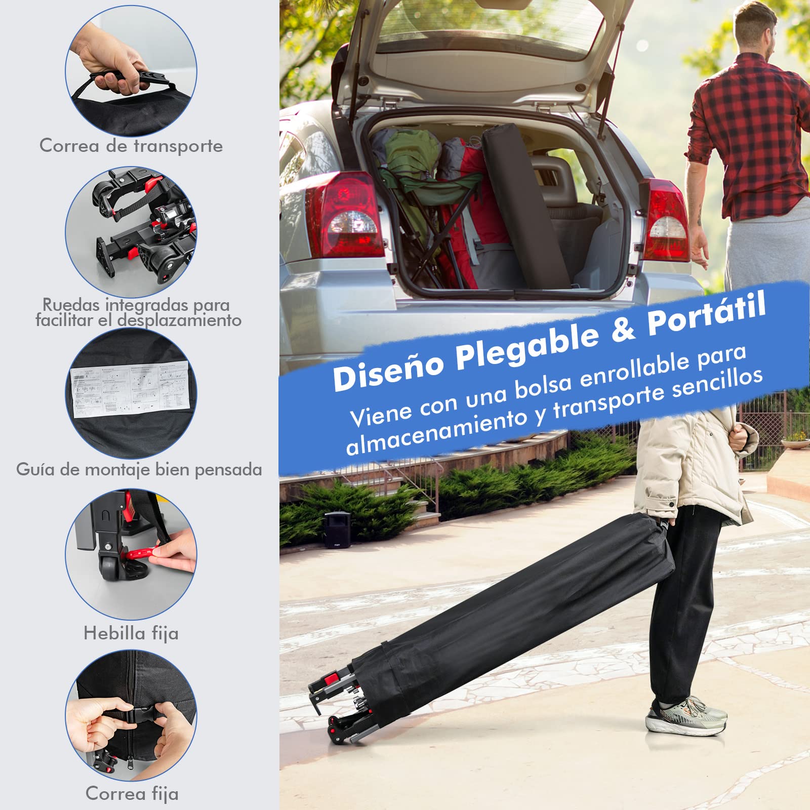 GOPLUS Carpa Plegable 3x3 Impermeable, Cenador con 2 Toldos Laterales Extensibles y Altura Ajustable, Carpa para Exteriores con Ruedas y Bolsa Portátil, UV50+, para Camping, Mercado (Azul)