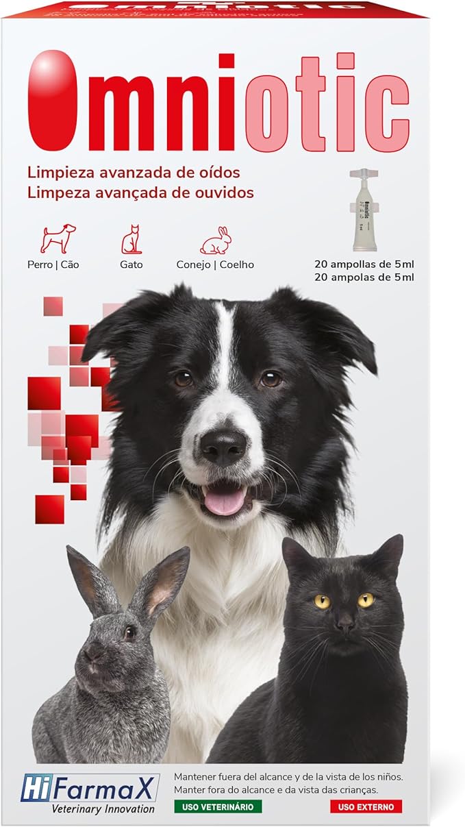 Hifarmax Omniotic Monodosis Limpiador de Oídos para Perros, Gatos y Conejos | Limpiador Orejas Perros y Gatos | Gotas Oidos Perros | Limpia Orejas para Perros y Gatos | 20 Ampolletas de 5ml
