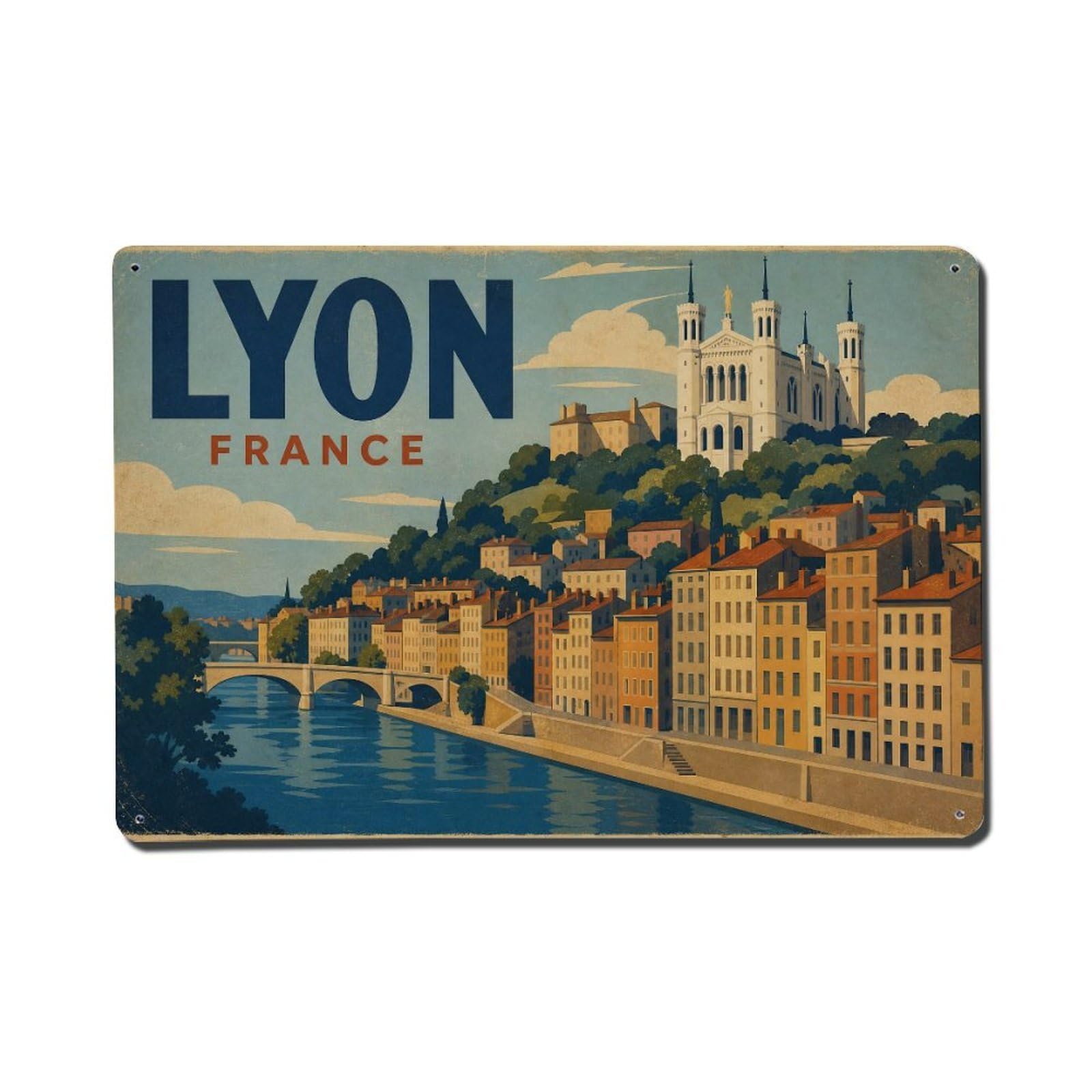 Retro Travel France Lyon Metal Tin Sign Plaque Wall Decor for Cafe, Club Bar, Office, Garden Metal Poster 8x12Inch