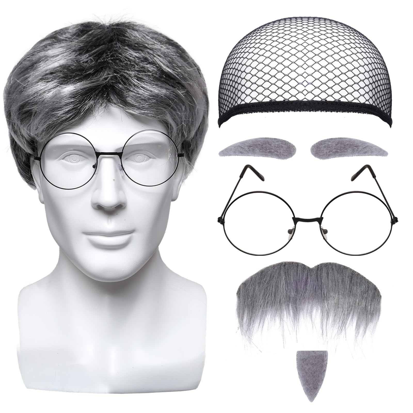 Gvhntk 4-Piece Old Man Costume Set: Wig, Wig Cap, Glasses, Fake Beard & Eyebrows - Adult Unisex Cosplay Accessories - Masquerade, Birthday, Wedding,
