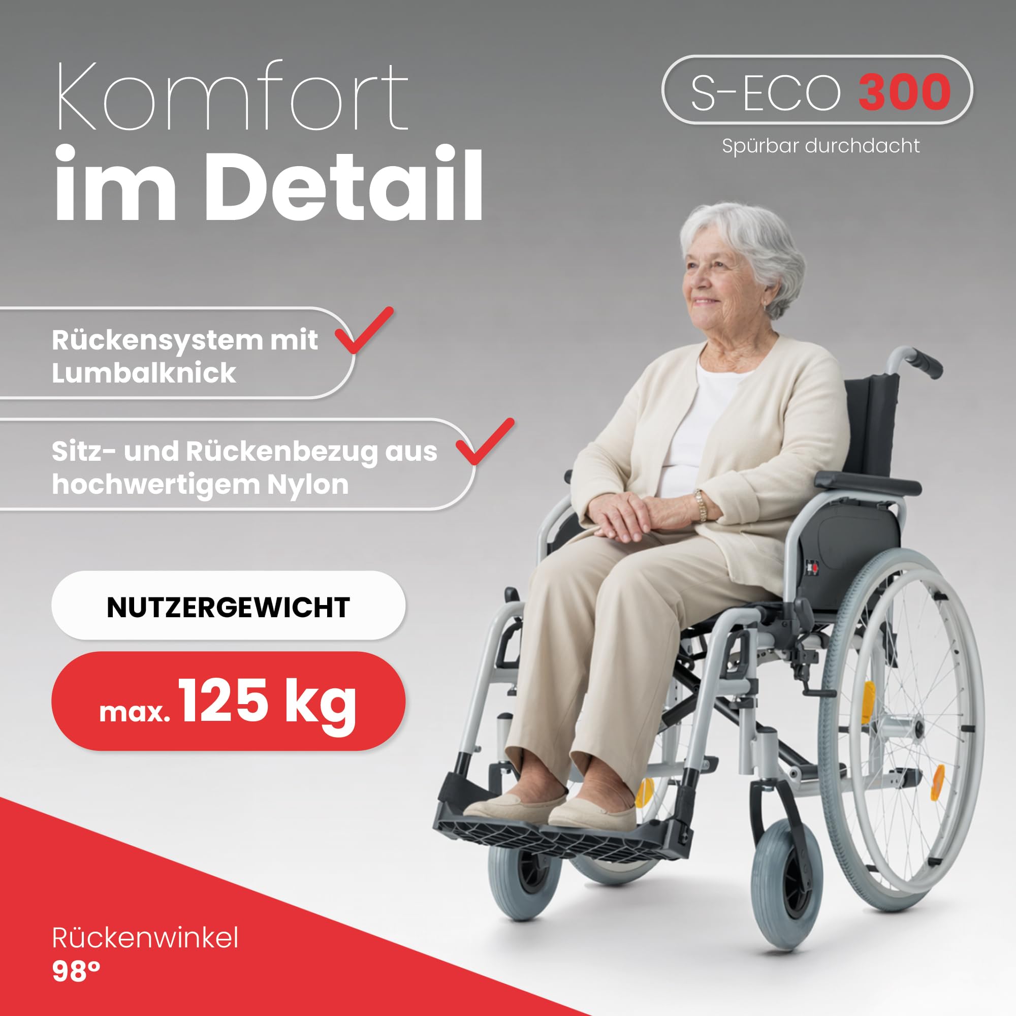 Bischoff & Bischoff® S-Eco 300 Fauteuil roulant pliable léger - Hauteur d'assise réglable - Fauteuil roulant de voyage pliable avec fourche en métal - Accoudoirs Duo (largeur d'assise 52 cm)