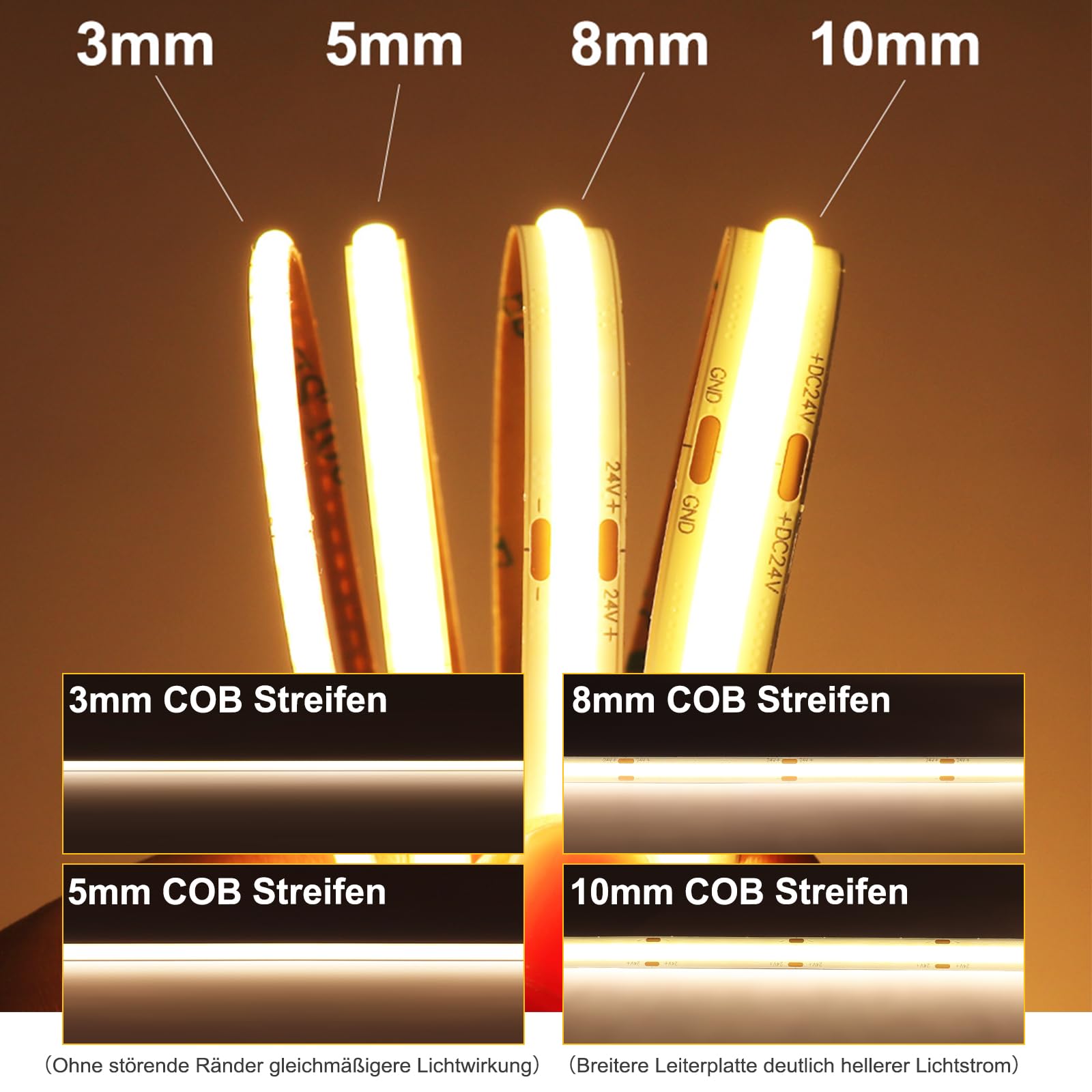 Striscia LED da 24 V, 3 mm, giallo dorato, 400 LED/m, luce ambiente calda, ultra sottile e flessibile, elevato volume di luce a basso consumo, facile da montare (alimentatore non incluso)