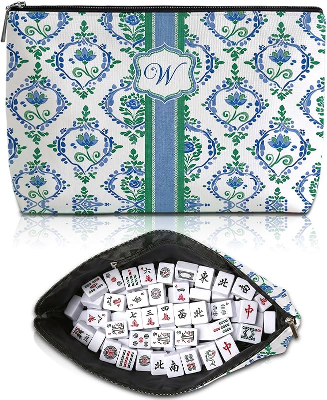 Blue Leaves Necessaire para Peças de Mahjong com Inicial W, Estampa Floral, Modelo 1397