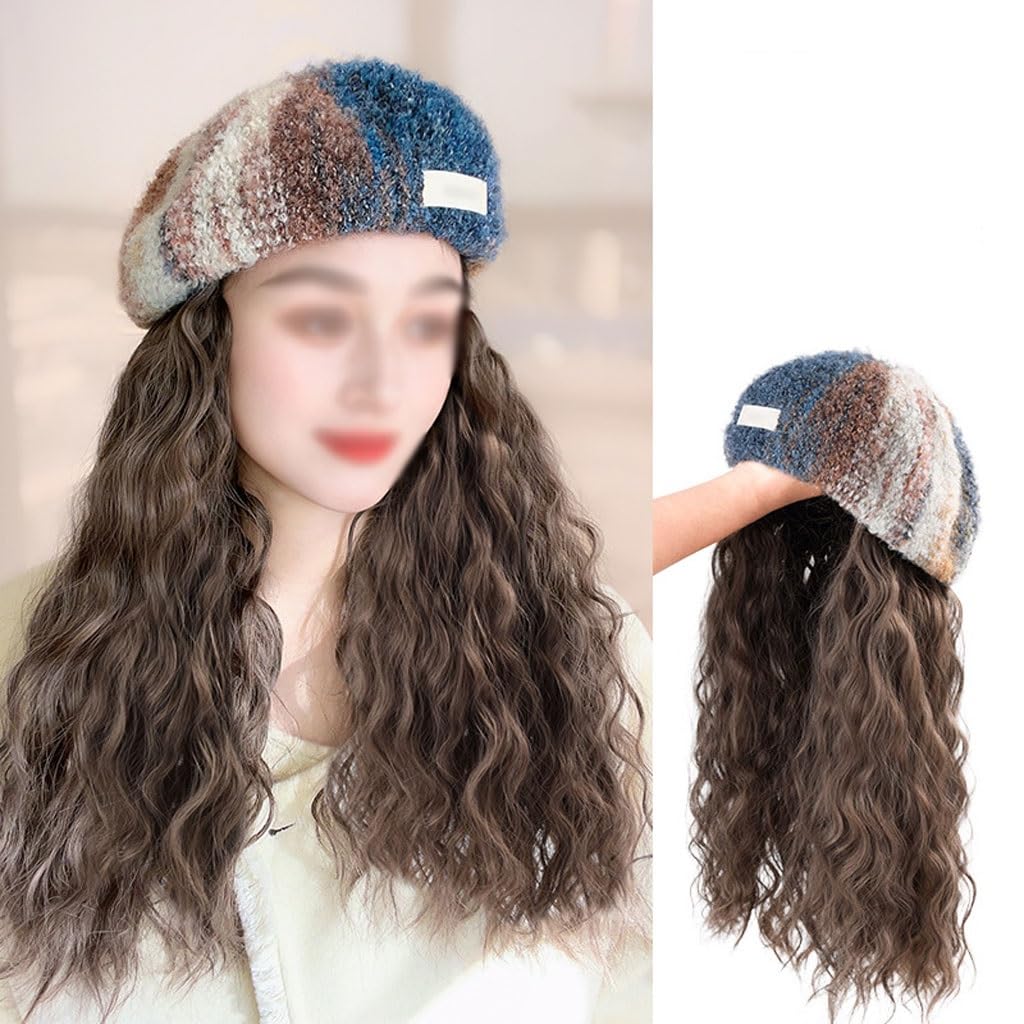FEELIN Baseball Cap with Hair Extensions Women's Wig Cap, Wavy Curly Wig Cap, Long Curly Wig Cap, Suitable For Daily Theme Parties, Concerts, Dates Hat Wig (Color : 02)