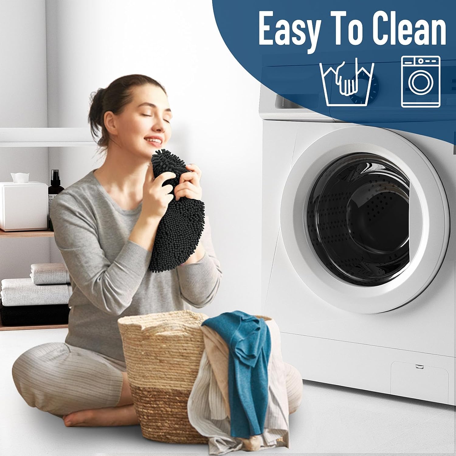 OLANLY Chenille Toilet Rugs U-Shaped and Bathroom Toilet Lid Cover, Bath Rug Size 24x20 and Bathroom Toilet Lid Cover Size 17.5x15 in Black, 2 Item Bundle